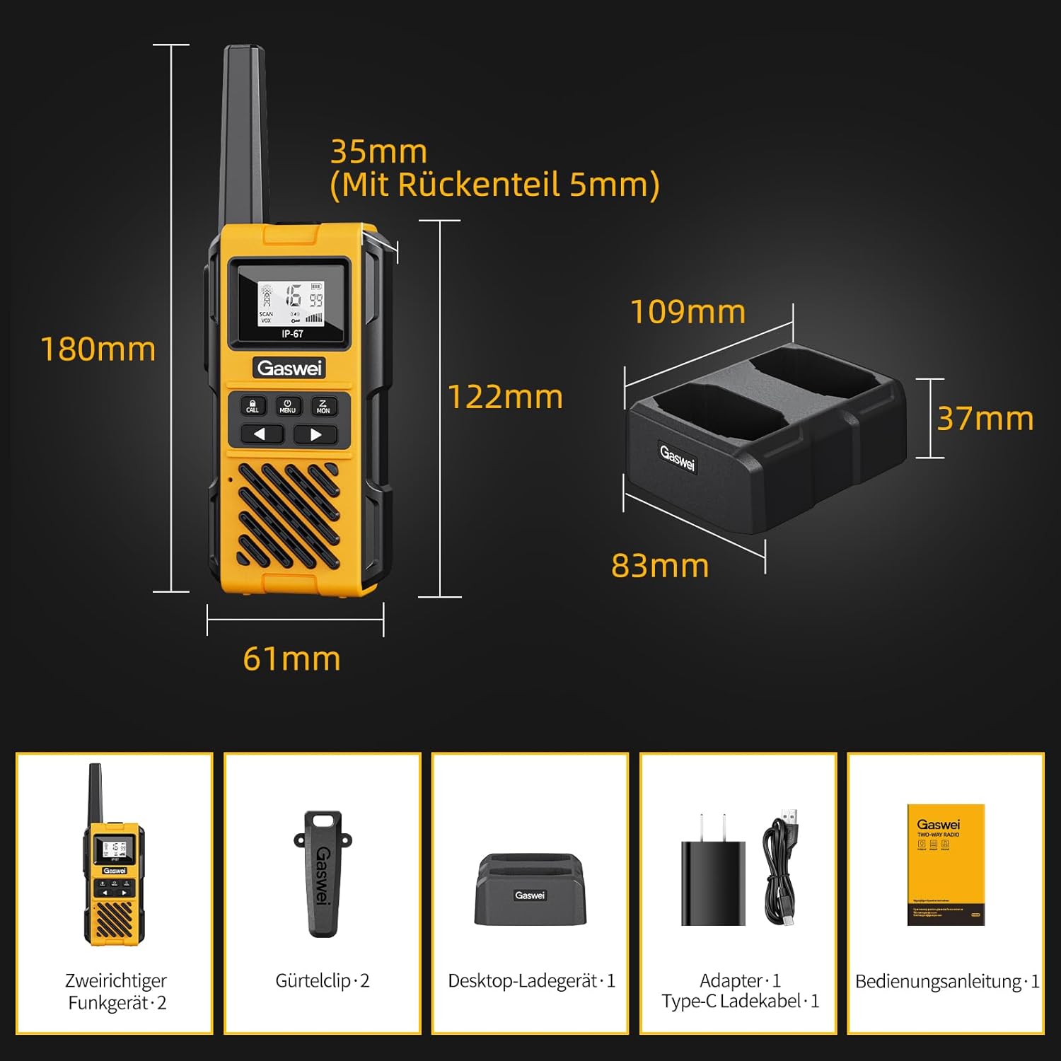 Gaswei G1pro Hochleistungs-Langstrecken-Walkie-Talkies für Erwachsene, wiederaufladbare Notfallfunkgeräte, 16-Kanal-Walkie-Talkie mit Lithium-Ionen-Akku, IP67 wasserdicht (4 Stück) – Bild 9
