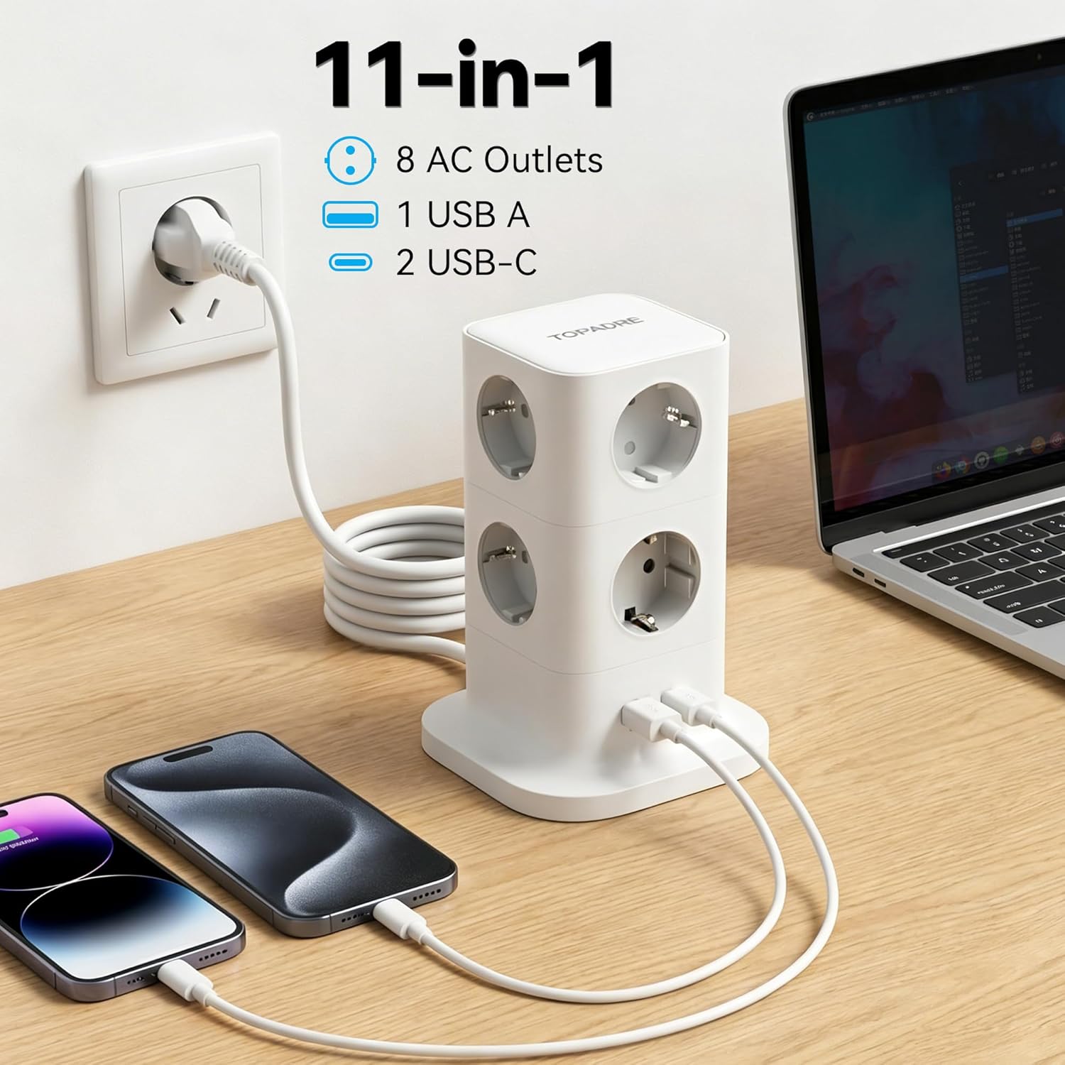 Steckdosenturm mit USB C, 11 in 1 Steckdosenleiste mit 30 W Schnelllade-Überspannungsschutz, 3680 W Mehrfachsteckdose Power Cube mit Schalter und 2 m Verlängerungskabel für Zuhause/Büro/Reisen – Bild 2