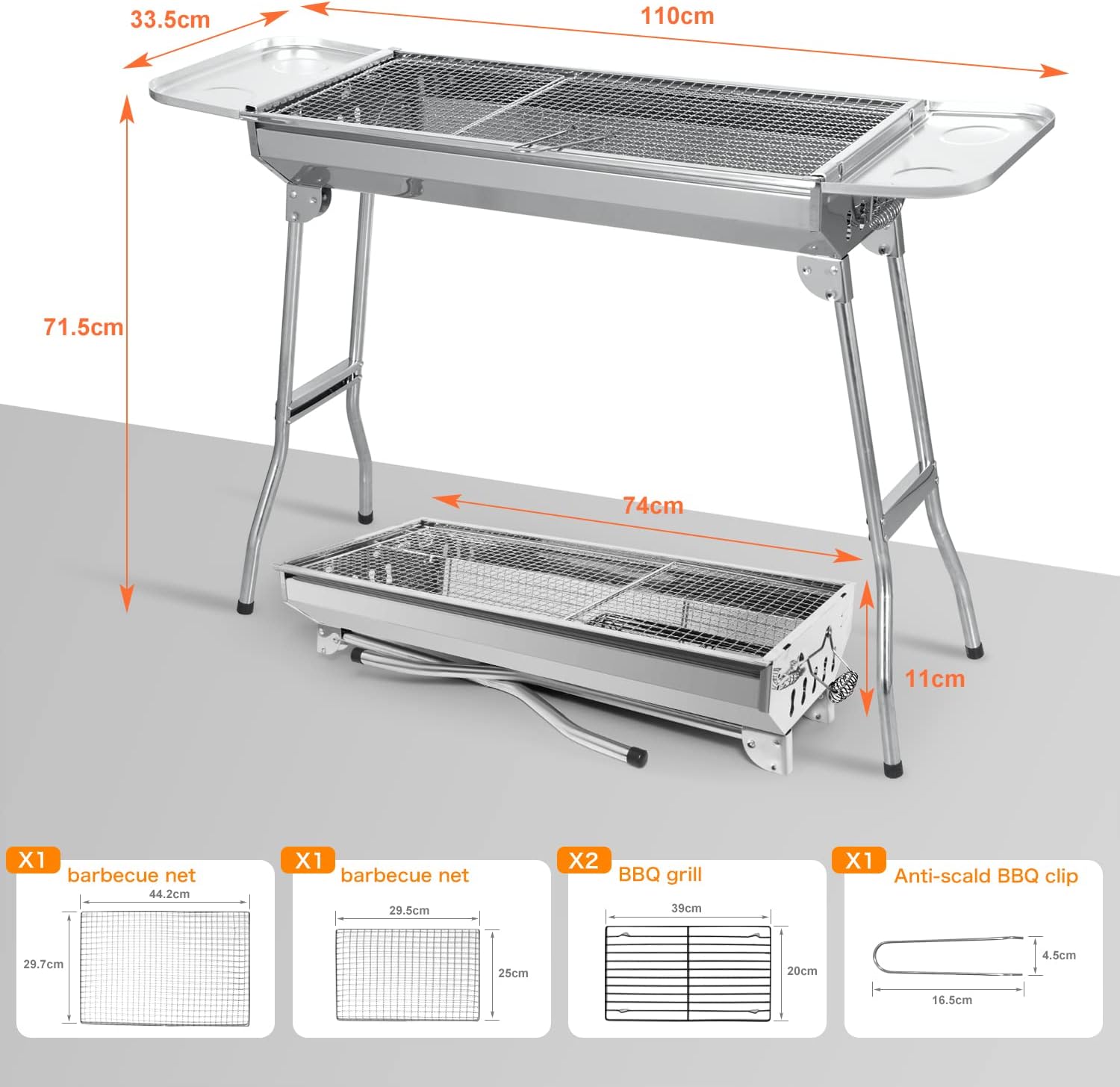 Holzkohlegrill, Edelstahl, Außengrill, Klappgrill, Campinggrill, tragbar, 74 x 33,5 x 71,5 cm – Bild 7