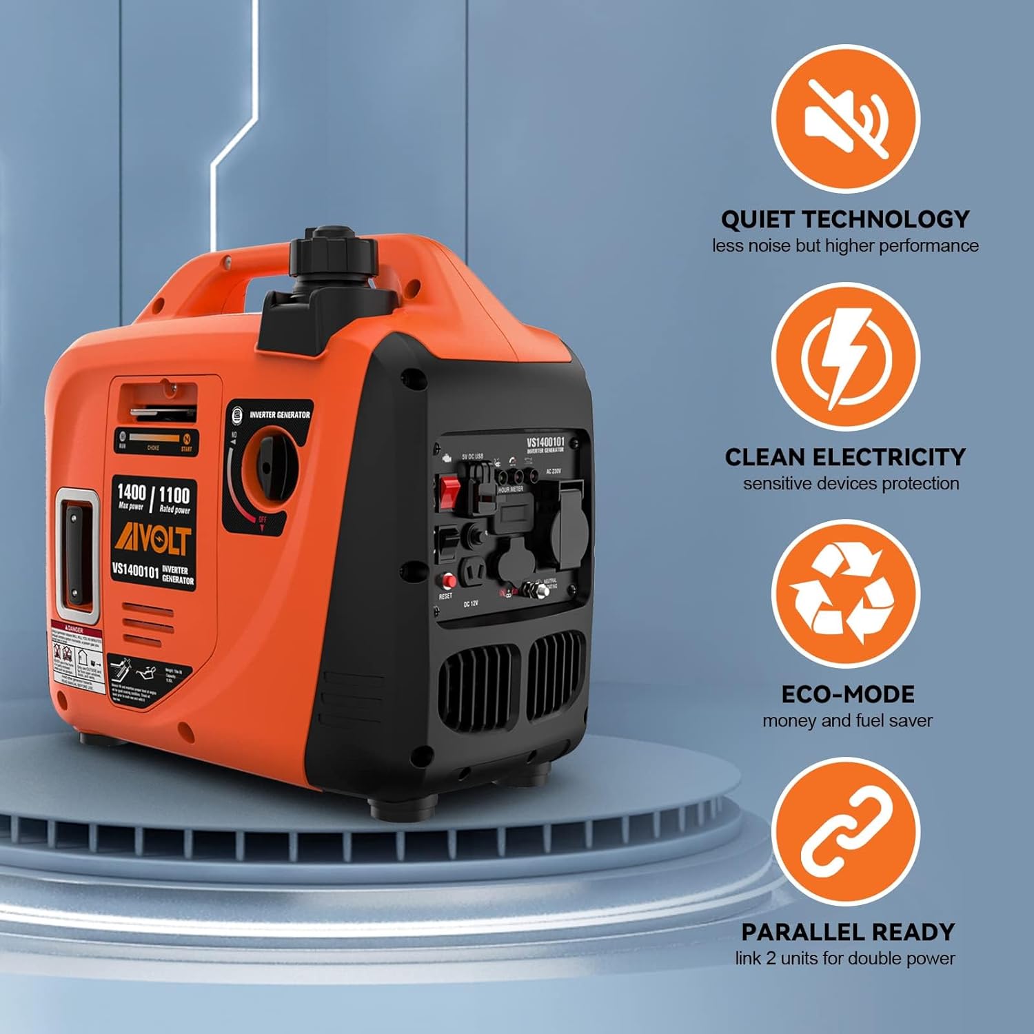 AIVOLT Inverter Stromerzeuger 1400 Watt Stromerzeuger Notstromaggregat Benzin Leise Generator für Camping, Festivals und Heimgebrauch mit 2 USB, 12V DC Steckdosen und 230V Steckdosen – Bild 4