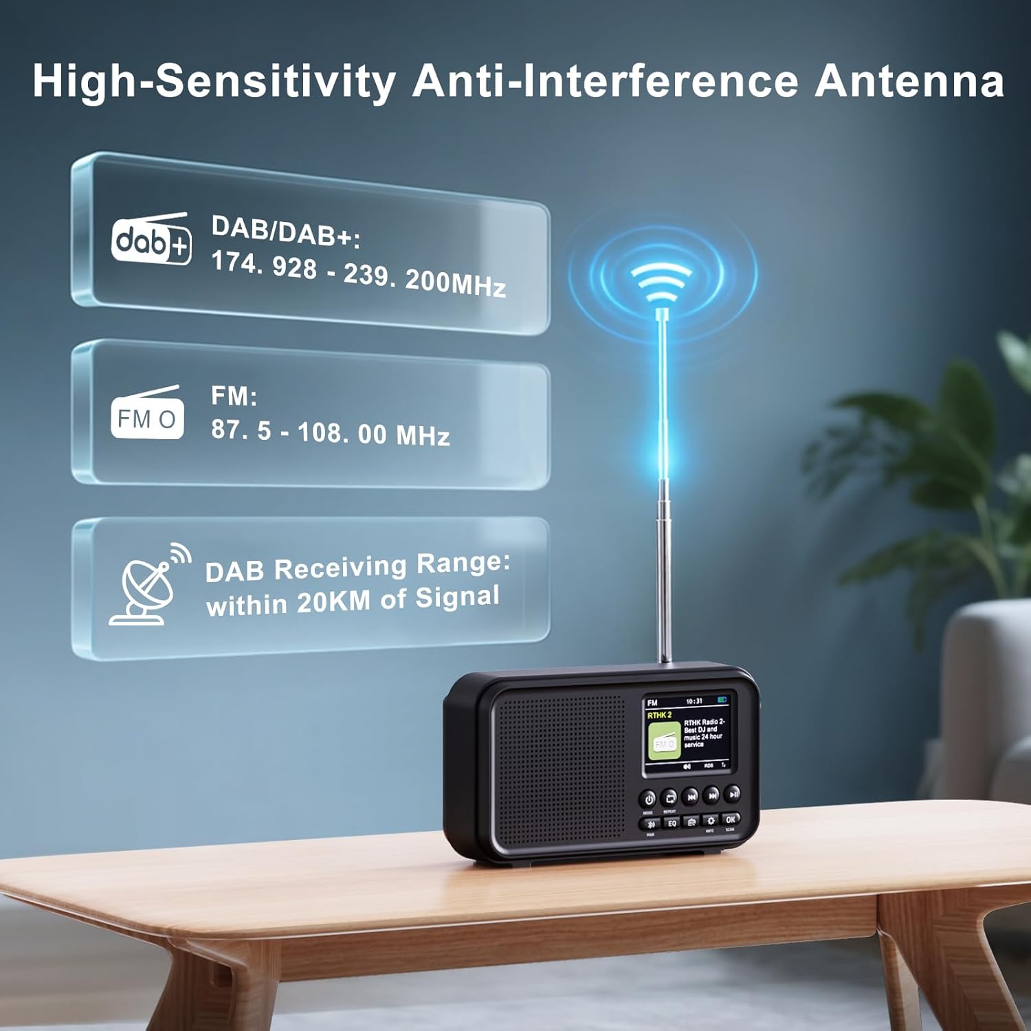 Tragbares DAB/DAB+-Radio, UKW-Digitalradio mit 3000-mAh-Akku, wiederaufladbares UKW-Radio mit Bluetooth 5.0, EQ-Modi, 80 Speicherplätze, 2,4-Zoll-Farbdisplay, Sleep-Timer, 3,5-mm-AUX-Anschluss – Bild 4