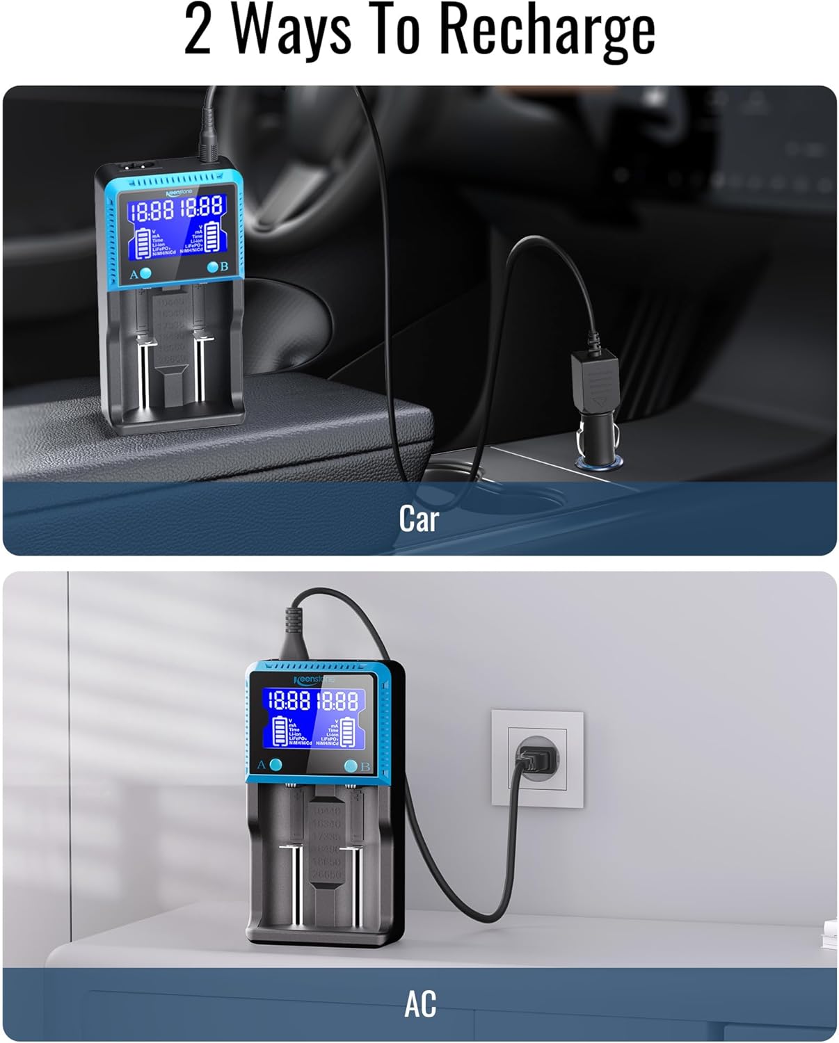 Keenstone Universal Akku Ladegerät, 18650 Akku Ladegerät mit 2 Schacht, LCD Smart Schnell Aufladen Batterieladegerät für NI-MH NI-CD AA AAA Li-Ion LiFePO4 IMR 10440 14500 16340 18650 RCR123 26650 – Bild 4