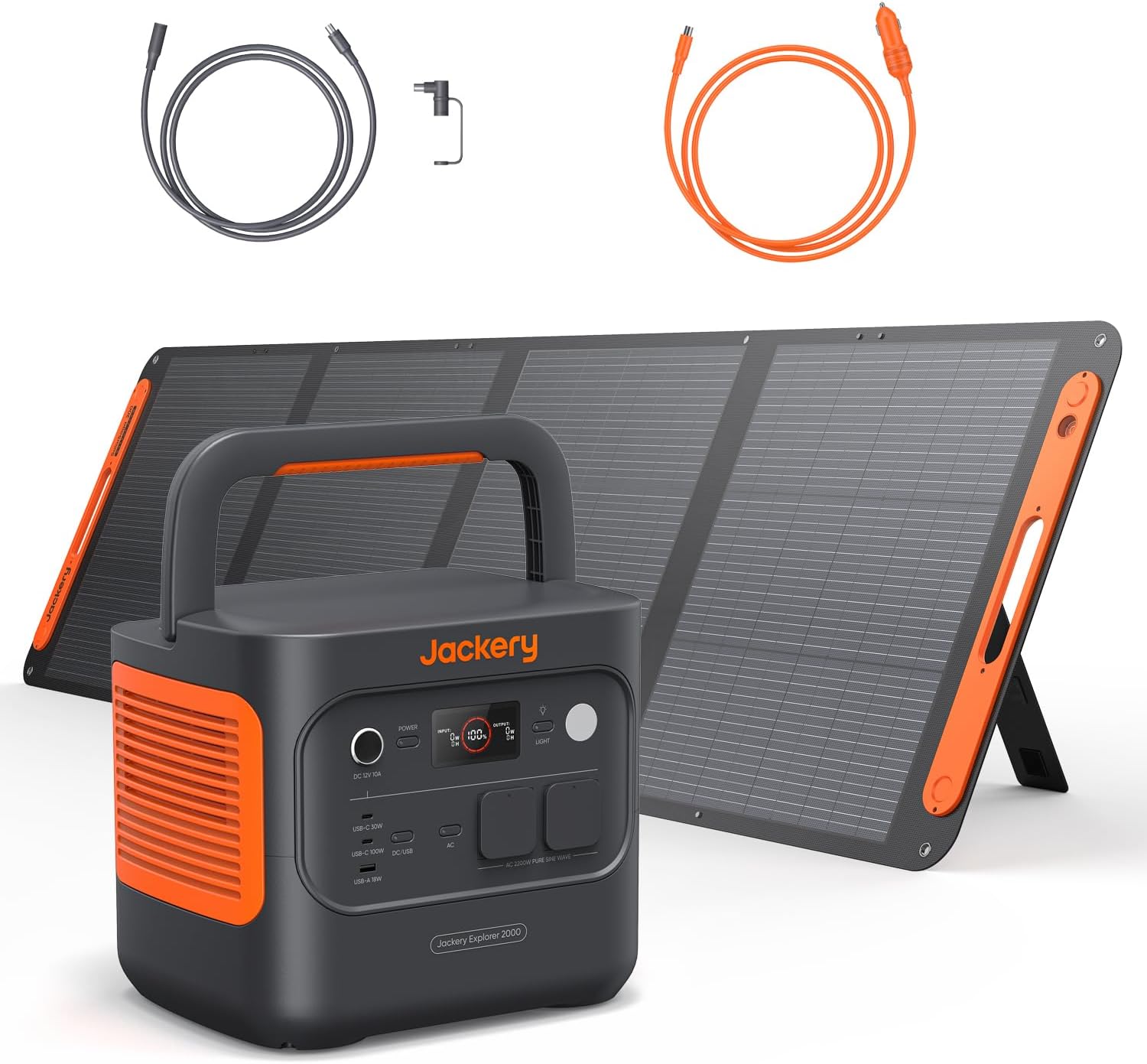 Jackery Explorer 2000 v2 Solargenerator-Set, 2042 Wh tragbares Kraftwerk mit 200 W Solarpanel, 5 m Solarpanel-Verlängerungskabel & Auto-Ladekabel, 2200 W Ausgang, Schnellladung für Camping und Wohnmobil