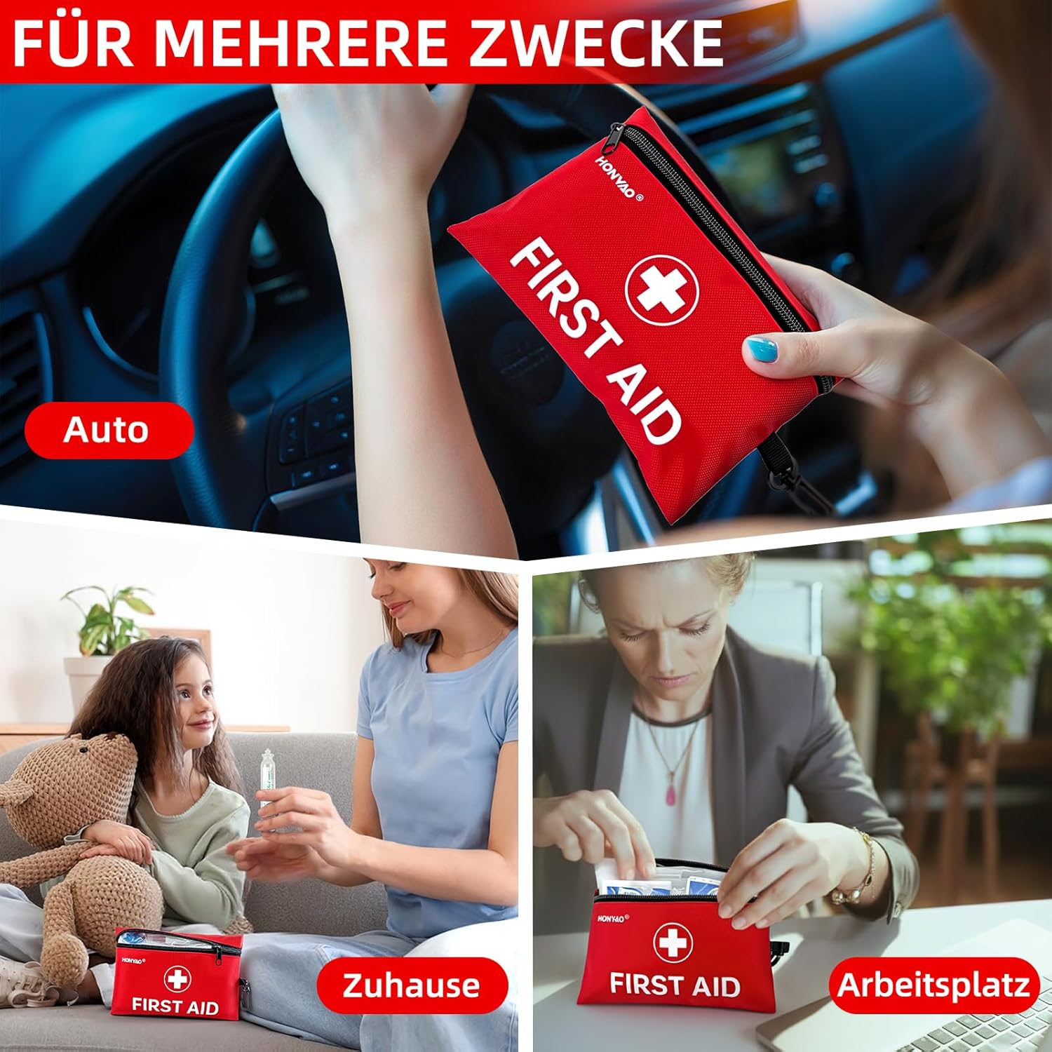HONYAO Erste-Hilfe-Set, 105-teilig, Mini-Reiseapotheke, Erste-Hilfe-Set, klein für Outdoor, Reisen, Zuhause, Camping, Fahrrad, Wandern, Kinder, Rot – Bild 5