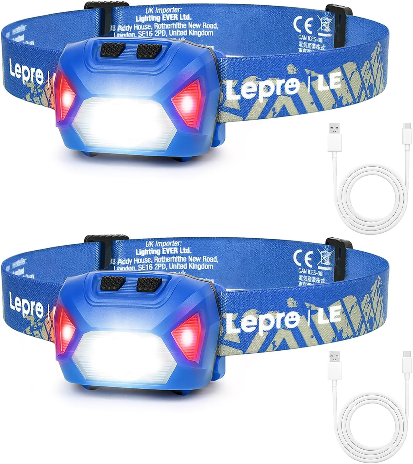 Lepro LED wiederaufladbare Stirnlampe, 2000 Lux superhelle Stirnlampe mit rotem Licht und 6 Lichtmodi, IPX4 wasserdichte Stirnlampe, ideal für Camping und Joggen, blau, 2er-Pack (inkl. USB-Kabel)