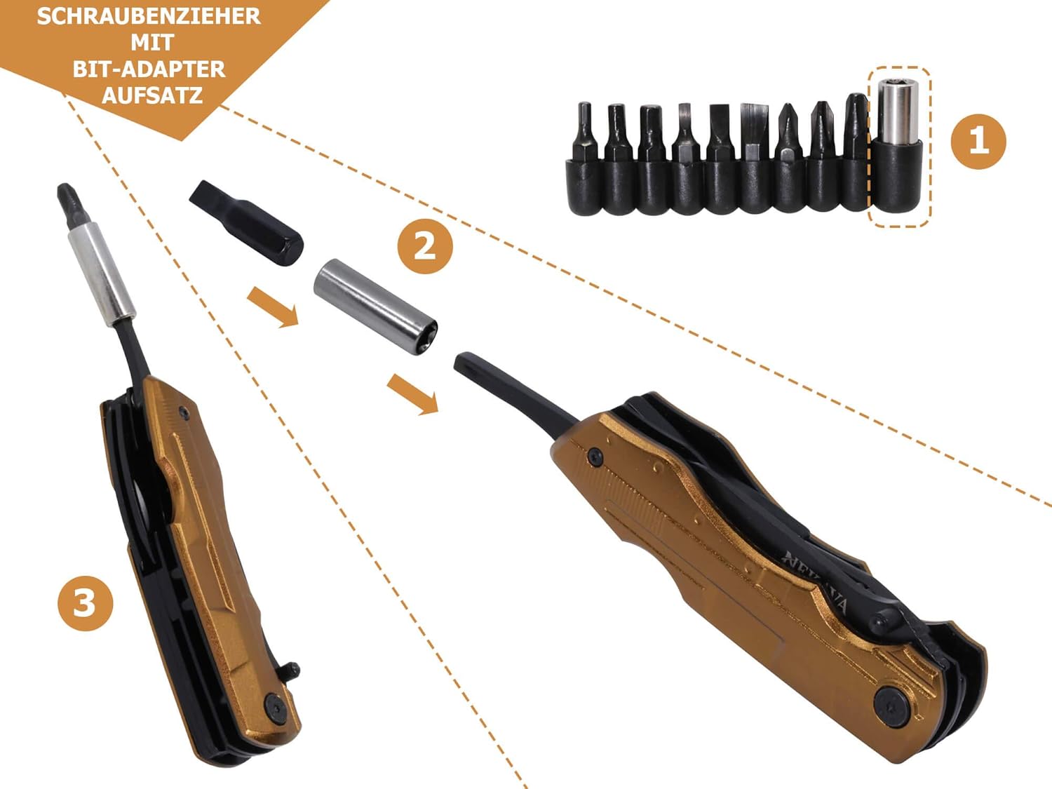 NEKAVA 5-in-1-Multifunktionswerkzeug mit Klappmesser aus schwarzem Edelstahl und goldenem Griff. Ideal als Survivalmesser für Outdoor, Camping, Haushalt. Inklusive kostenlosem Kreditkarten-Tool – Bild 2