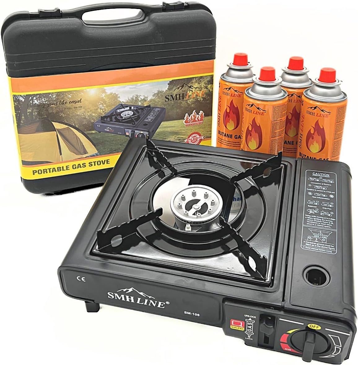 TW24 Camping Gaskocher mit Grillplatte inkl. 4 Gaskartuschen, Gaskocher, Campingkocher, Campinggrill