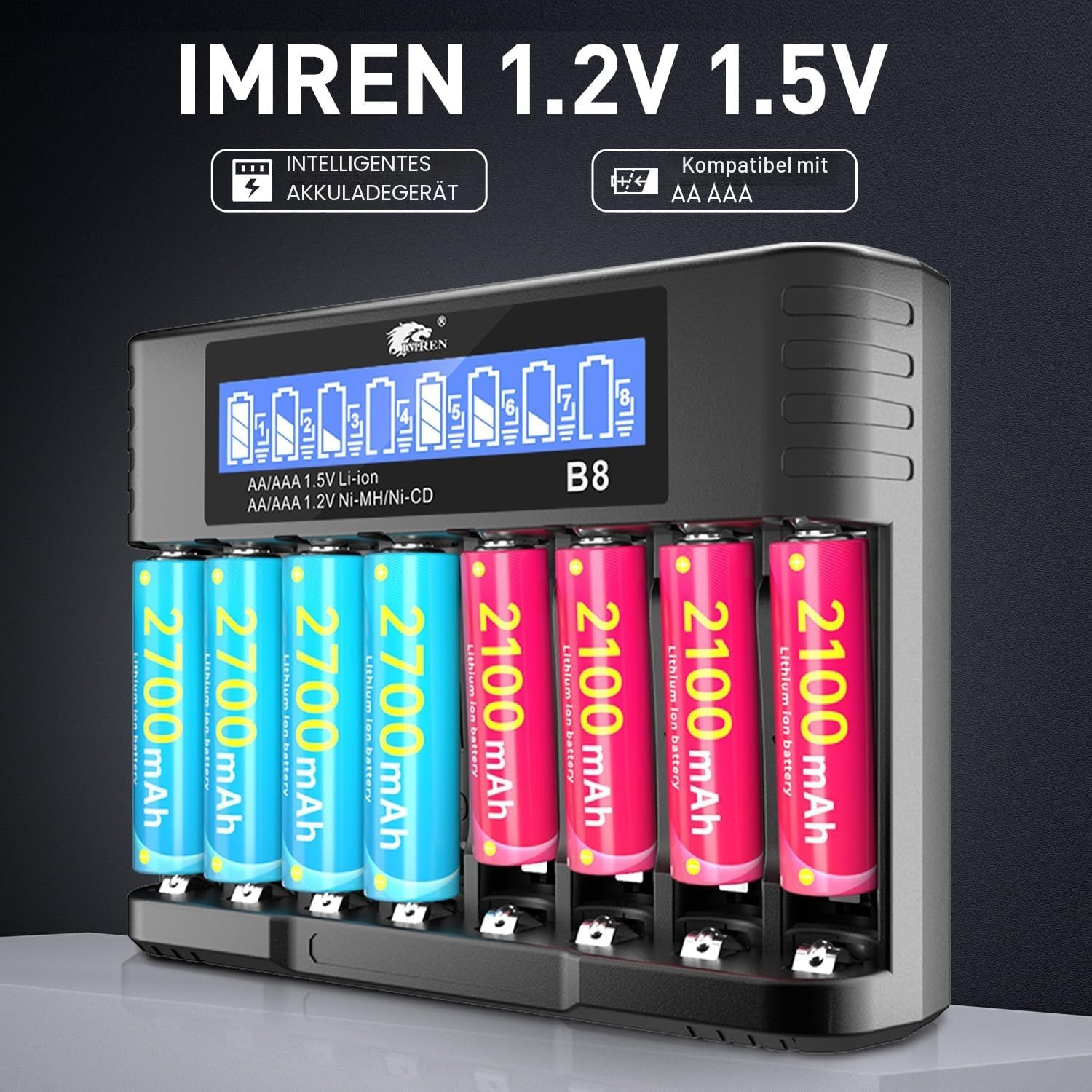 IMREN Batterieladegerät AA AAA, 8 Steckplätze 1,2 V NiMH/NiCD 1,5 V Lithium AA/AAA-Batterien Ladegerät, 5 V 2 A Typ-C Schnelles intelligentes Batterieladegerät mit LCD-Display – Bild 2