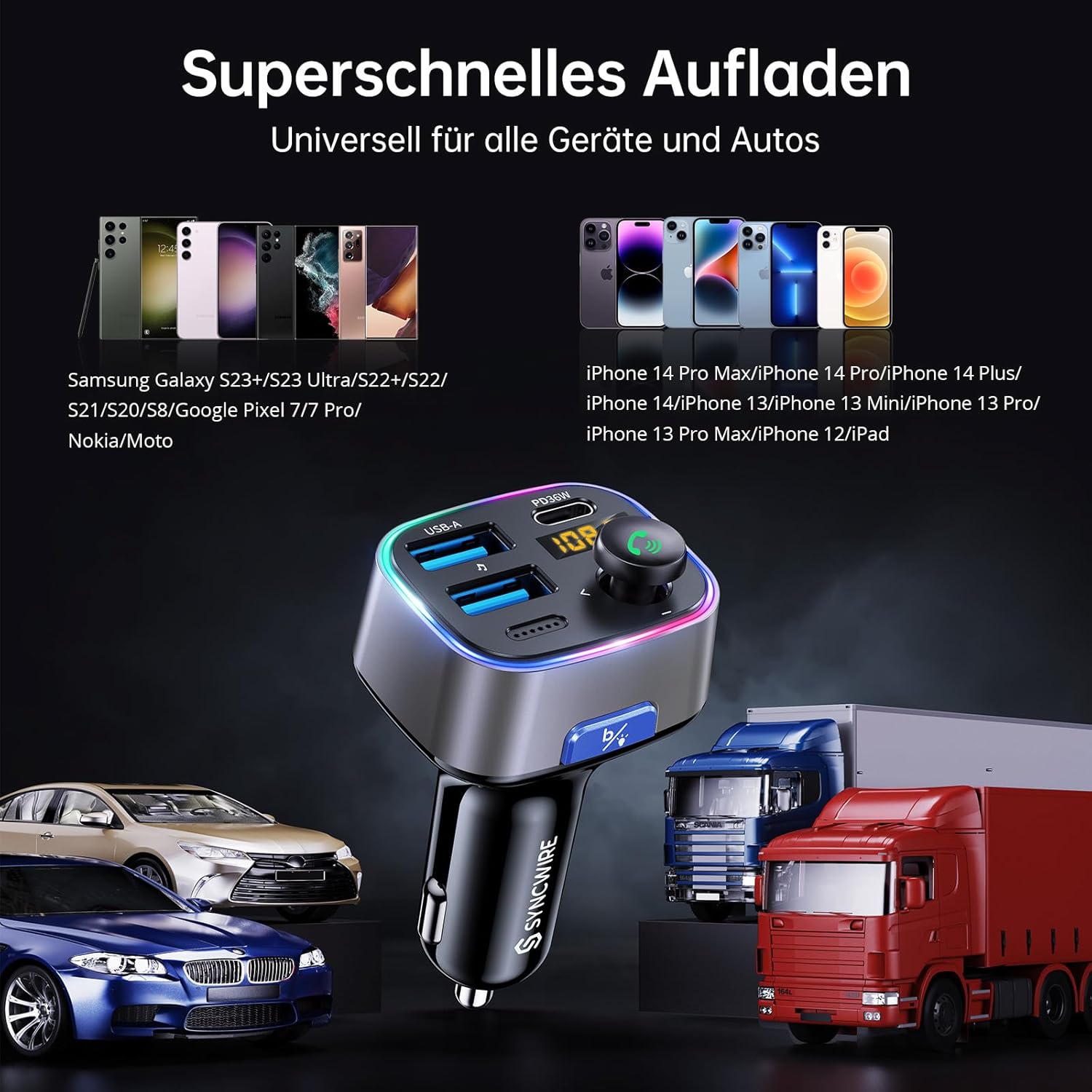 SYNCWIRE Bluetooth 5.3 FM-Transmitter-Autoladegerät 48 W (PD 36 W und 12 W), Ladegerät mit zwei USB-Anschlüssen, Autoadapter, kabelloses Radio-LED-Display, unterstützt 64-GB-USB-Laufwerk, Lichtschalter, Grau – Bild 8