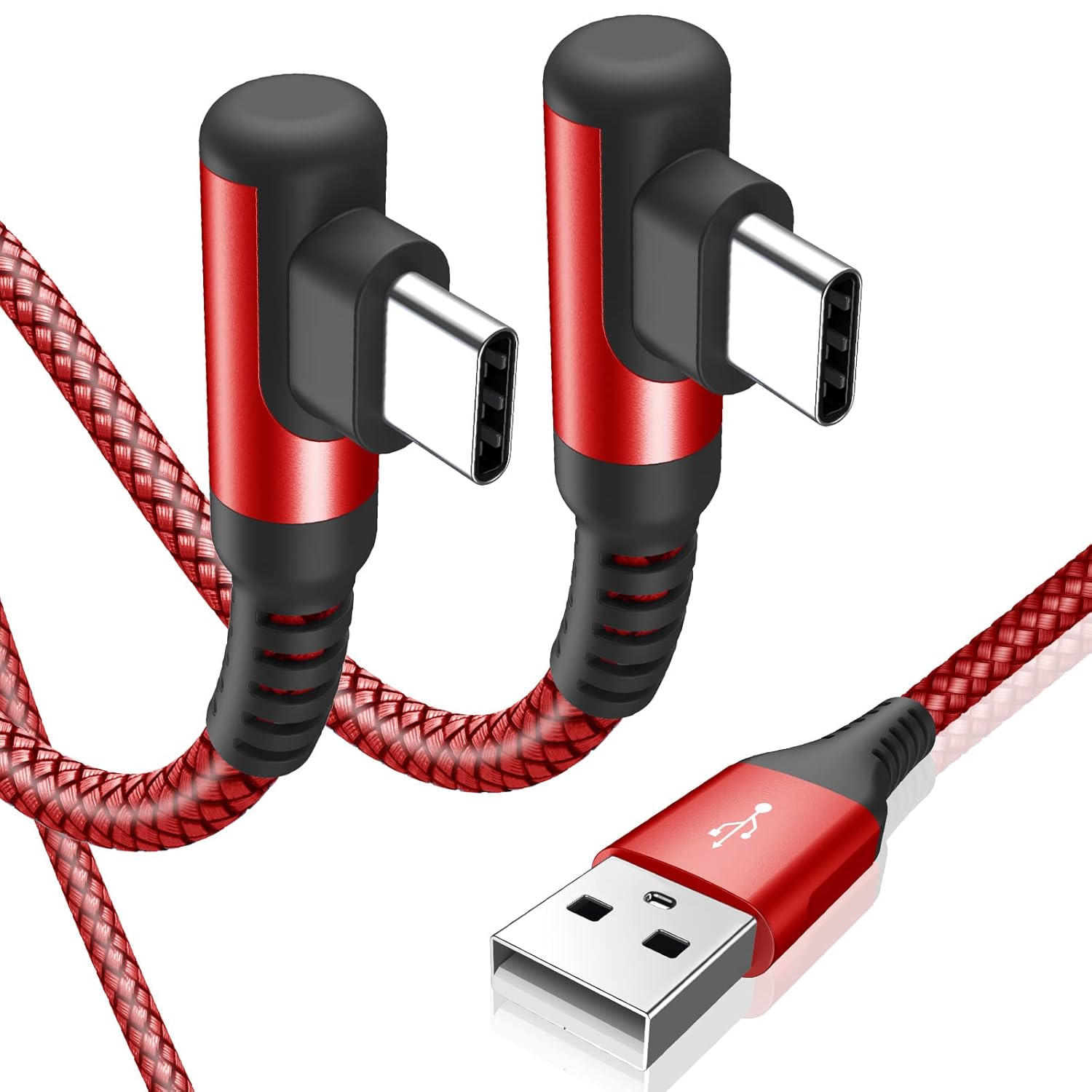USB-C Kabel 90 Grad Winkel (2 Pack, 3 m), Schnellladekabel, USB-C Nylon Typ-C Kabel für Samsung Galaxy S21, S20, S10, S9, S8 Plus, Note 10 / 9 / 8, M31, M30s, M20, A20e, A71, A52, A51, A50, A40, A10, A7, Mi 9 / 8 (Rot)