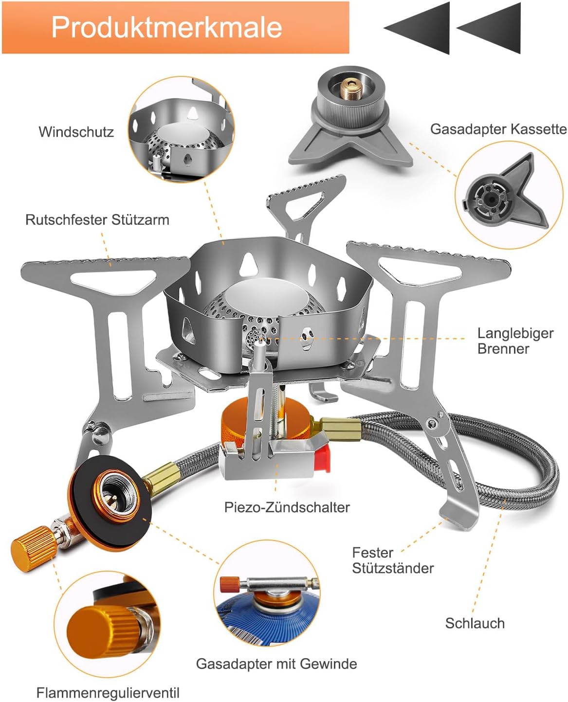 AUTOPkio Campingkocher 3500 W, winddichter Gas-Campingkocher mit Piezo-Zündung, faltbarer Gaskocher, Gasbrenner mit Adapter, Gaskocher für Picknick im Freien, Trekking, Wandern, Wandern – Bild 2
