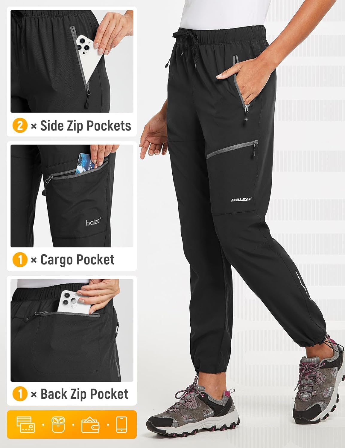 BALEAF Damen Outdoor-Wanderhose, wasserdichte, schnell trocknende, leichte Trekkinghose, Caprihose, UV-Schutz, UPF 50, Funktionshose mit Reißverschlusstasche – Bild 6