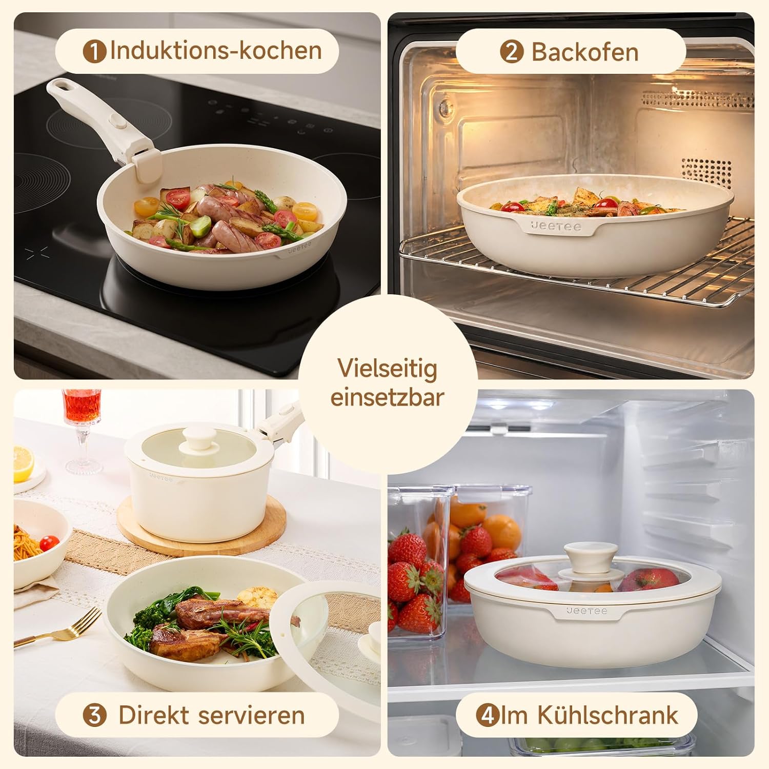 JEETEE Topf- und Pfannensets mit abnehmbarem Griff, 17-teiliges Antihaft-Pfannenset, Induktionstopfset, Kochtopfset mit Deckel und Messer, kompatibel mit allen Herden, PFOS/PFOA-frei, Beige – Bild 6