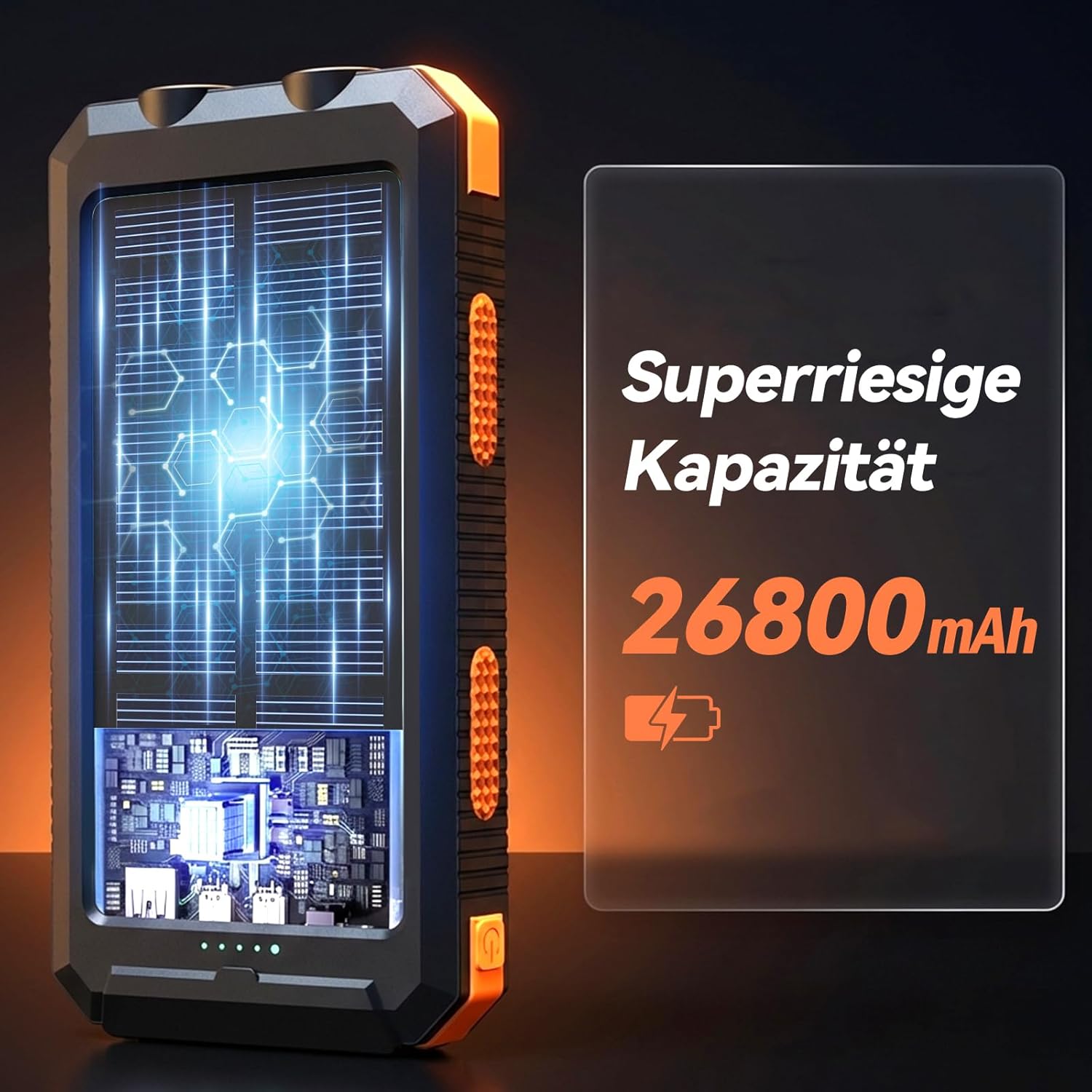Vikeri Solar Power Bank 26800 mAh, Powerbank Solar Wasserdicht USB C Externer Akku mit 4 Ausgängen, Powerbank für Smartphones, Tablets und mehr (Dunkelorange) – Bild 2
