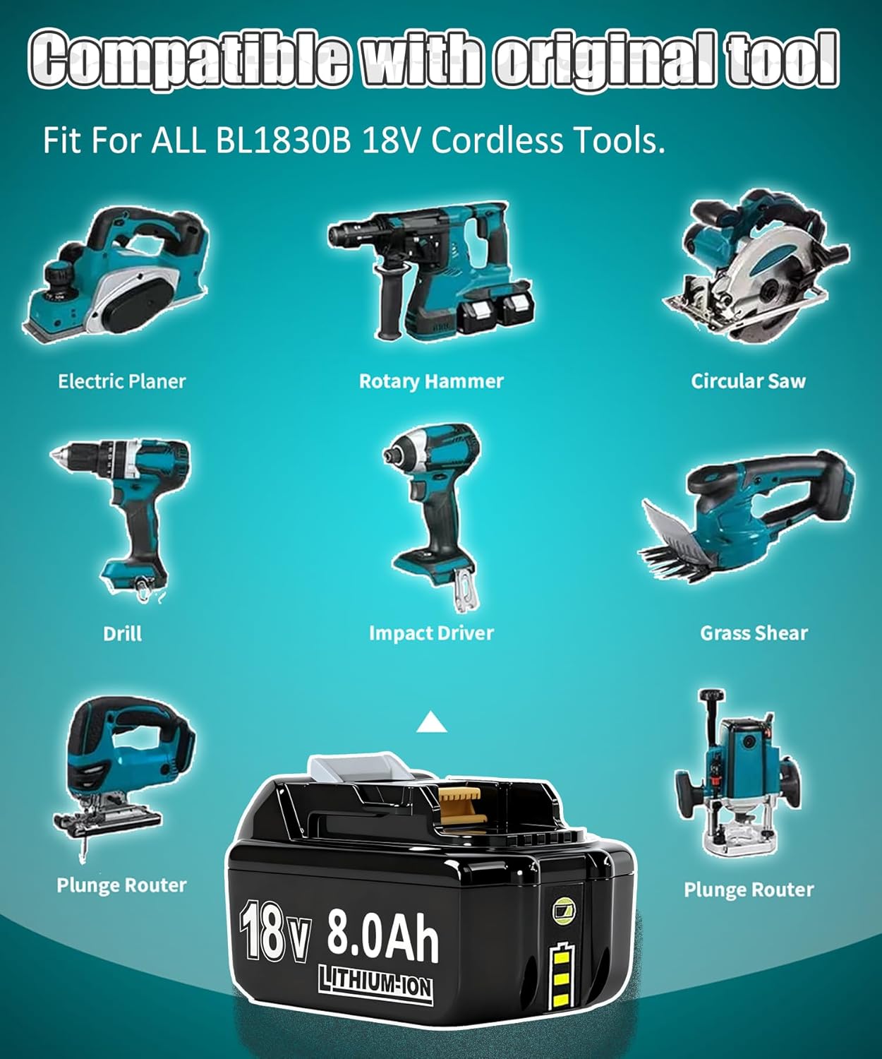Hohe Kapazität 18 V 8,0 Ah/8000 mAh Verbesserter 2 x Ersatzakku für Makita + Dual Port 6A Ladegerät DC18RD Kompatibel mit BL1860B BL1850B BL1840B BL1830 BL1835 194205-3 LXT-400 mit LED-Werkzeugakku – Bild 6