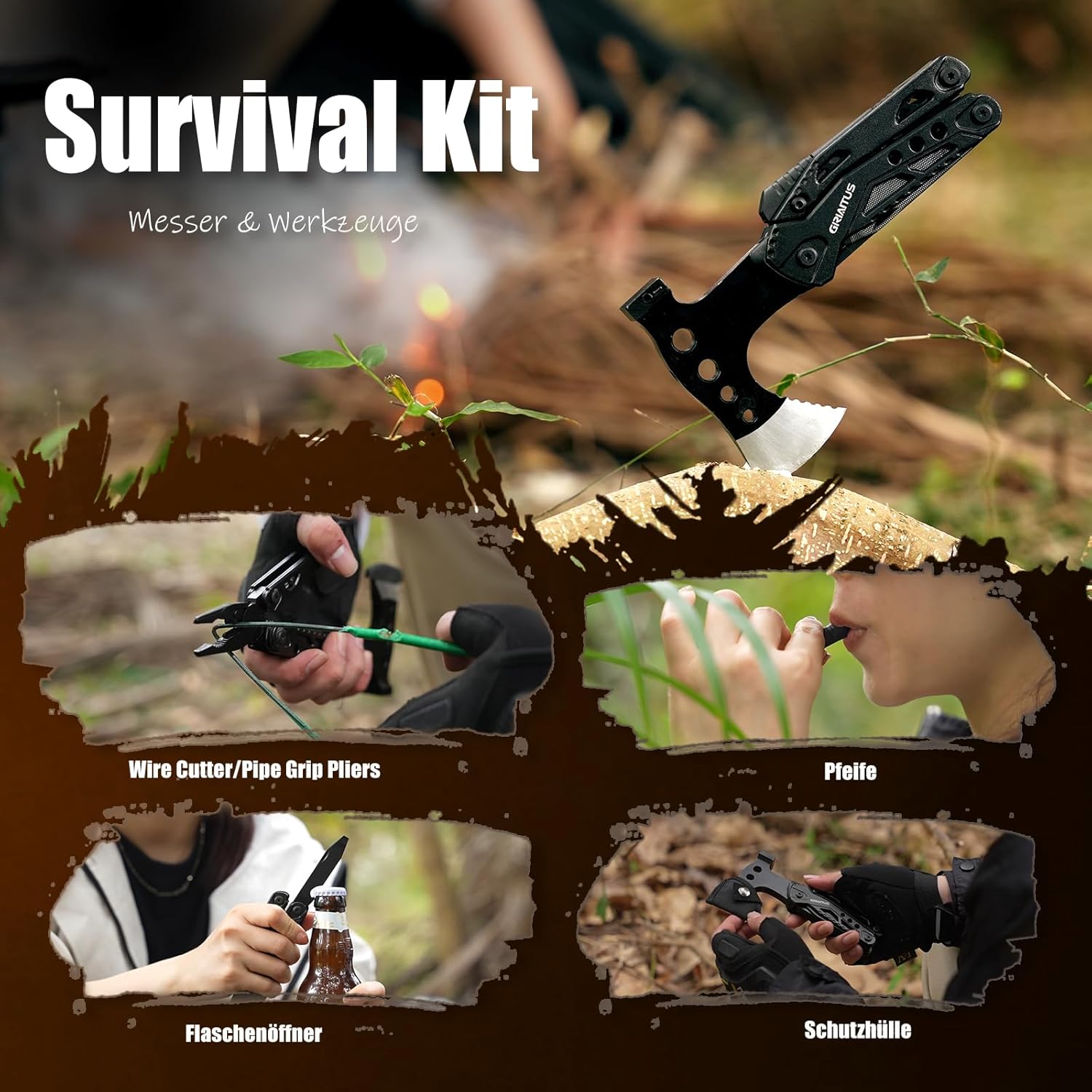 Geschenke für Männer, 16-in-1-Multitool, Camping-Zubehör, Geschenk, Vatertag, Männergeschenke, Überlebens-Gadgets mit Axt, Hammer, Zange, Säge, Schraubendreher, Flaschenöffner, Pfeife – Bild 6