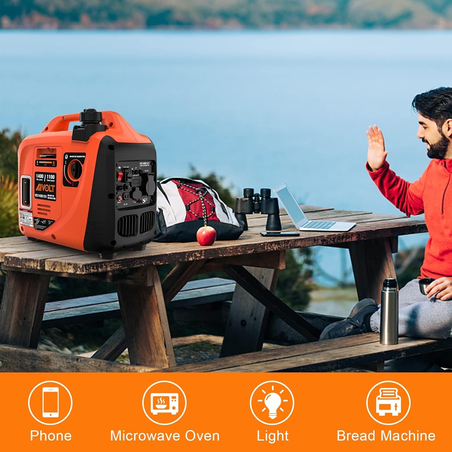 AIVOLT Inverter Stromerzeuger 1400 Watt Stromerzeuger Notstromaggregat Benzin Leise Generator für Camping, Festivals und Heimgebrauch mit 2 USB, 12V DC Steckdosen und 230V Steckdosen – Bild 3