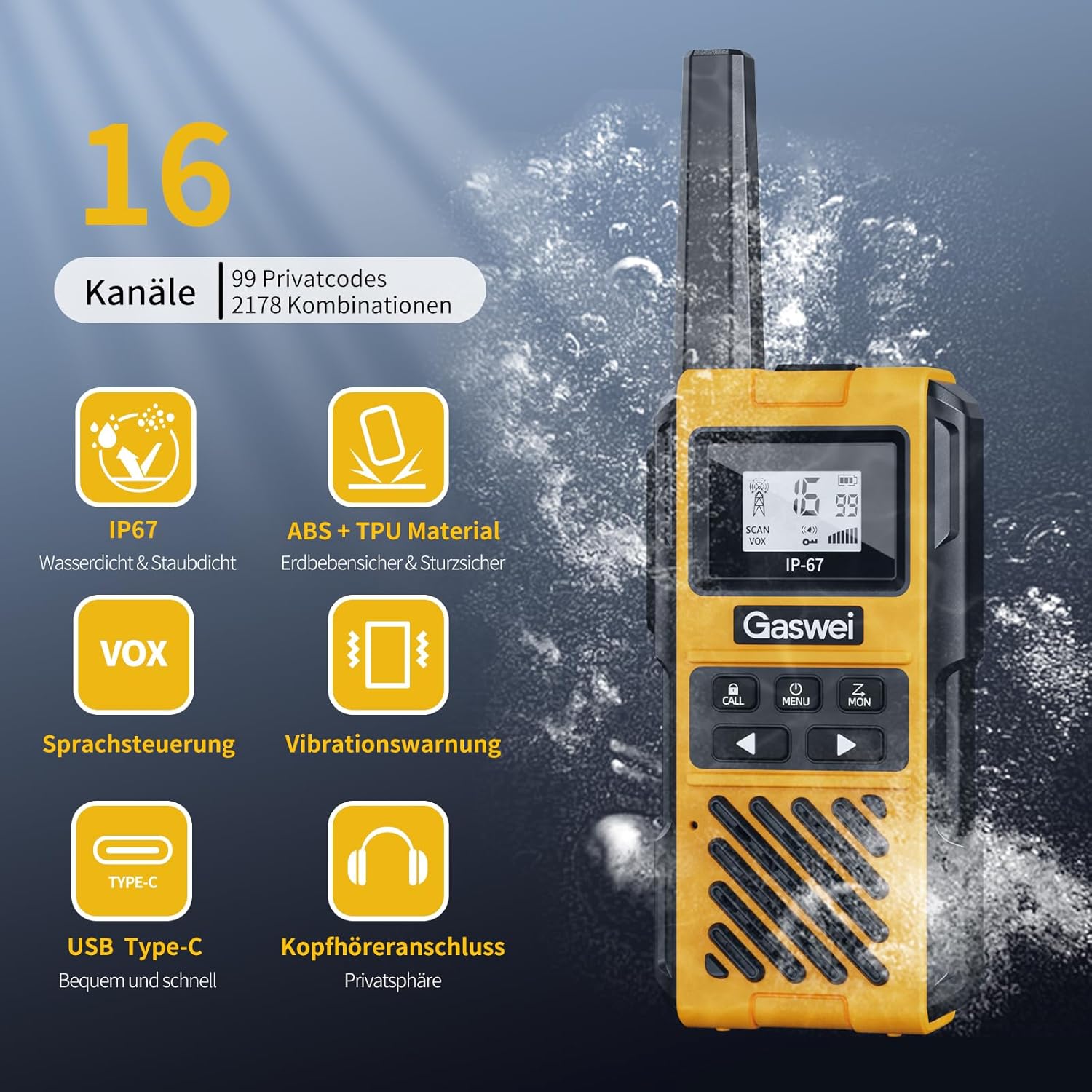 Gaswei G1pro Hochleistungs-Langstrecken-Walkie-Talkies für Erwachsene, wiederaufladbare Notfallfunkgeräte, 16-Kanal-Walkie-Talkie mit Lithium-Ionen-Akku, IP67 wasserdicht (4 Stück) – Bild 2