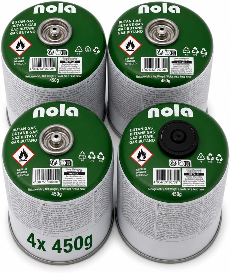 NOLA 4 x 450 g Gaskartuschen – Propan/Butan-Gas-Schraubkartuschen mit Gewinde 7/16 Zoll Gas, Campinggas, für Campingkocher, Gaskocher & Gasgrill – Schraubventilkartusche Outdoor EN417 Notstromausfall