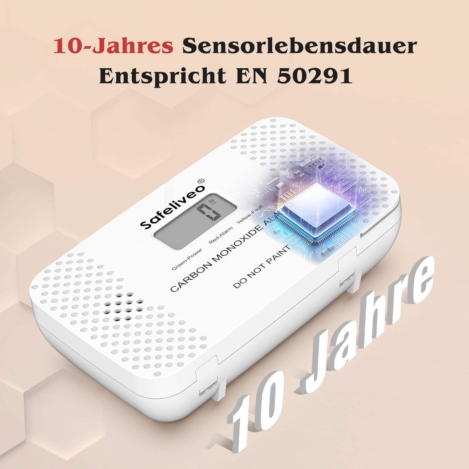 Safeliveo CO-Melder mit austauschbarer Batterie, Kohlenmonoxidmelder mit Peak-Speicher und LCD-Display, 10-Jahres-Sensor, mit Testtaste, für Zuhause und Wohnwagen, EN 50291, Standalone (1 Stück) – Bild 2