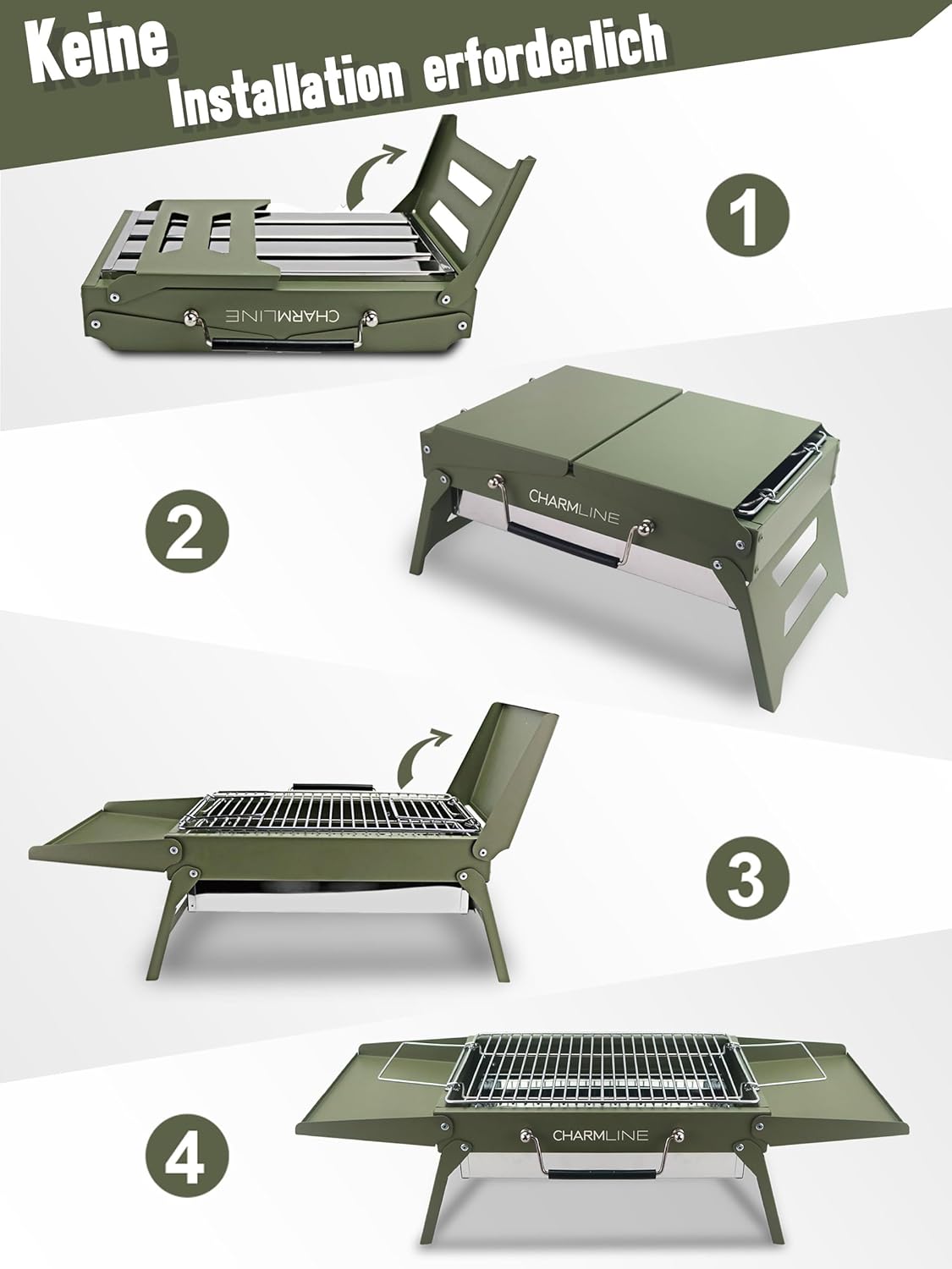 Charmline Tragbarer Holzkohlegrill, klappbarer Campinggrill 35 x 23 cm für 1–3 Personen, Mini-BBQ-Grill für Balkon, Garten, Camping, Picknick und Strand, Grün – Bild 2