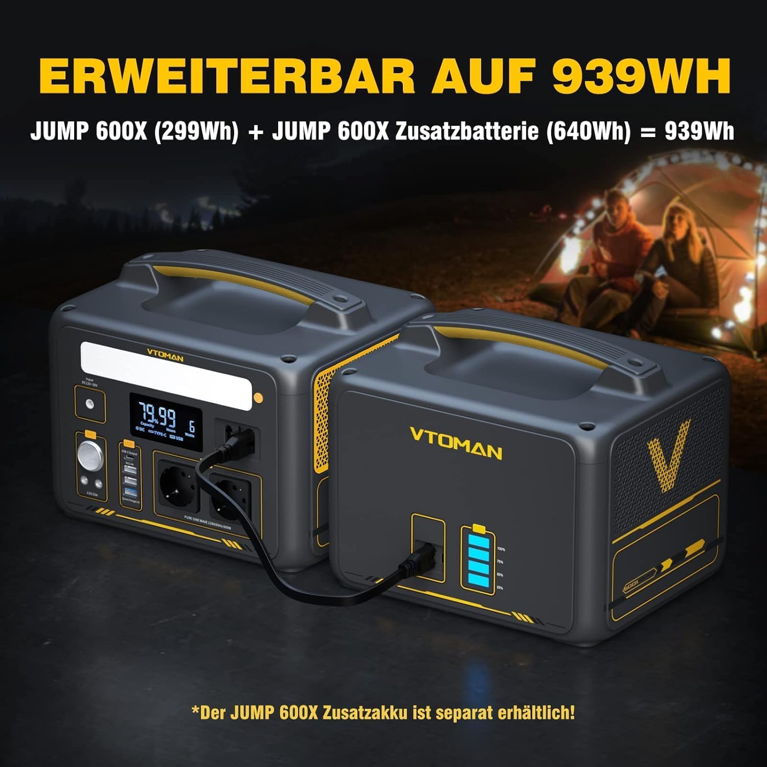 VTOMAN Jump 600X Tragbares Kraftwerk mit 110 W Solarpanel – 600 W/299 Wh LiFePO4-Akku-Solarstromgenerator, erweiterbare Kapazität auf 939 Wh für Camping, Wohnmobil, Reisen, Stromausfälle, Notfall – Bild 4