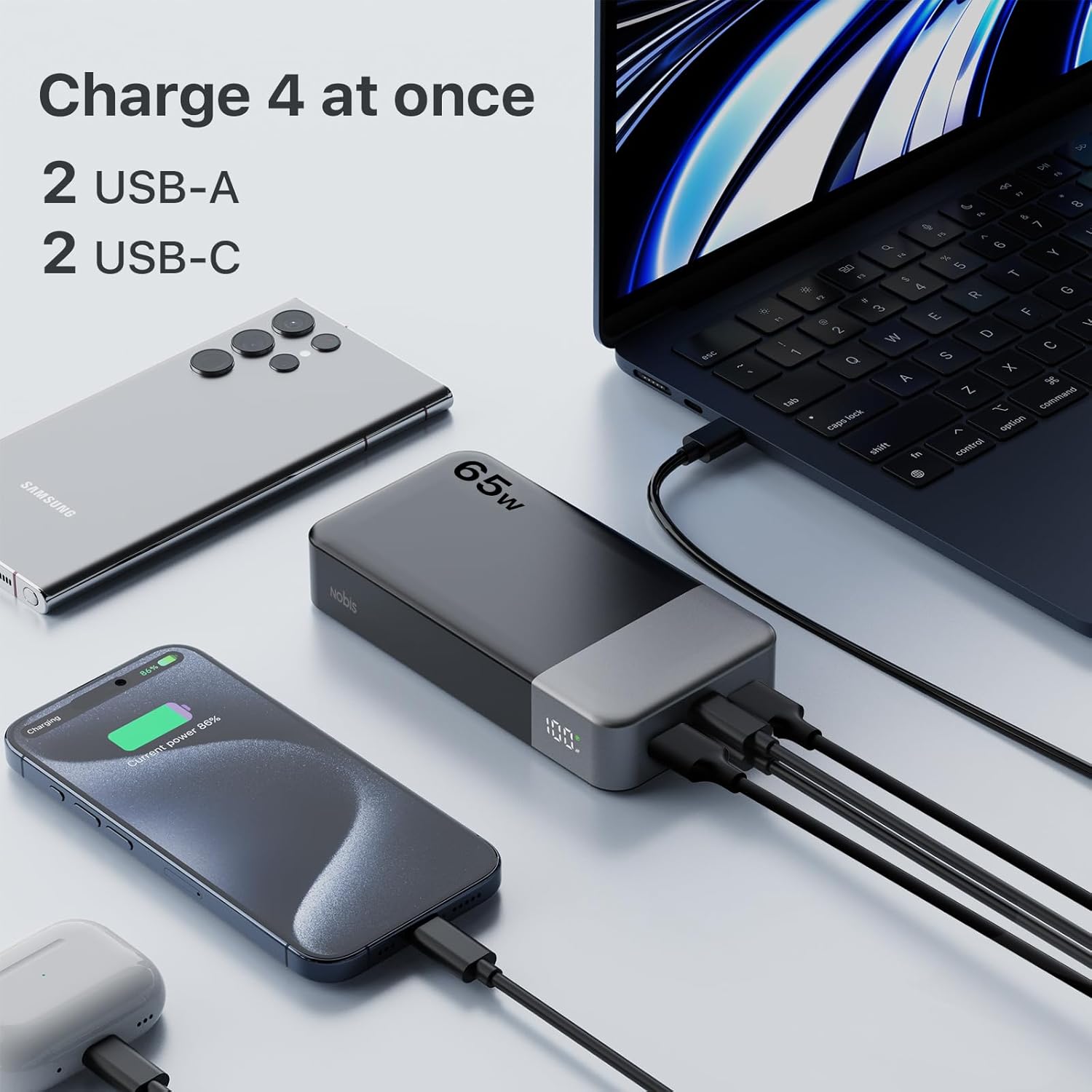 NOBIS Powerbank 20000 mAh, 65 W Schnelllade-Powerbank, tragbares Ladegerät mit Digitalanzeige, Dual USB-C/USB-A für Laptop, Telefon, Tablet, reisetauglicher externer Akku – Bild 4