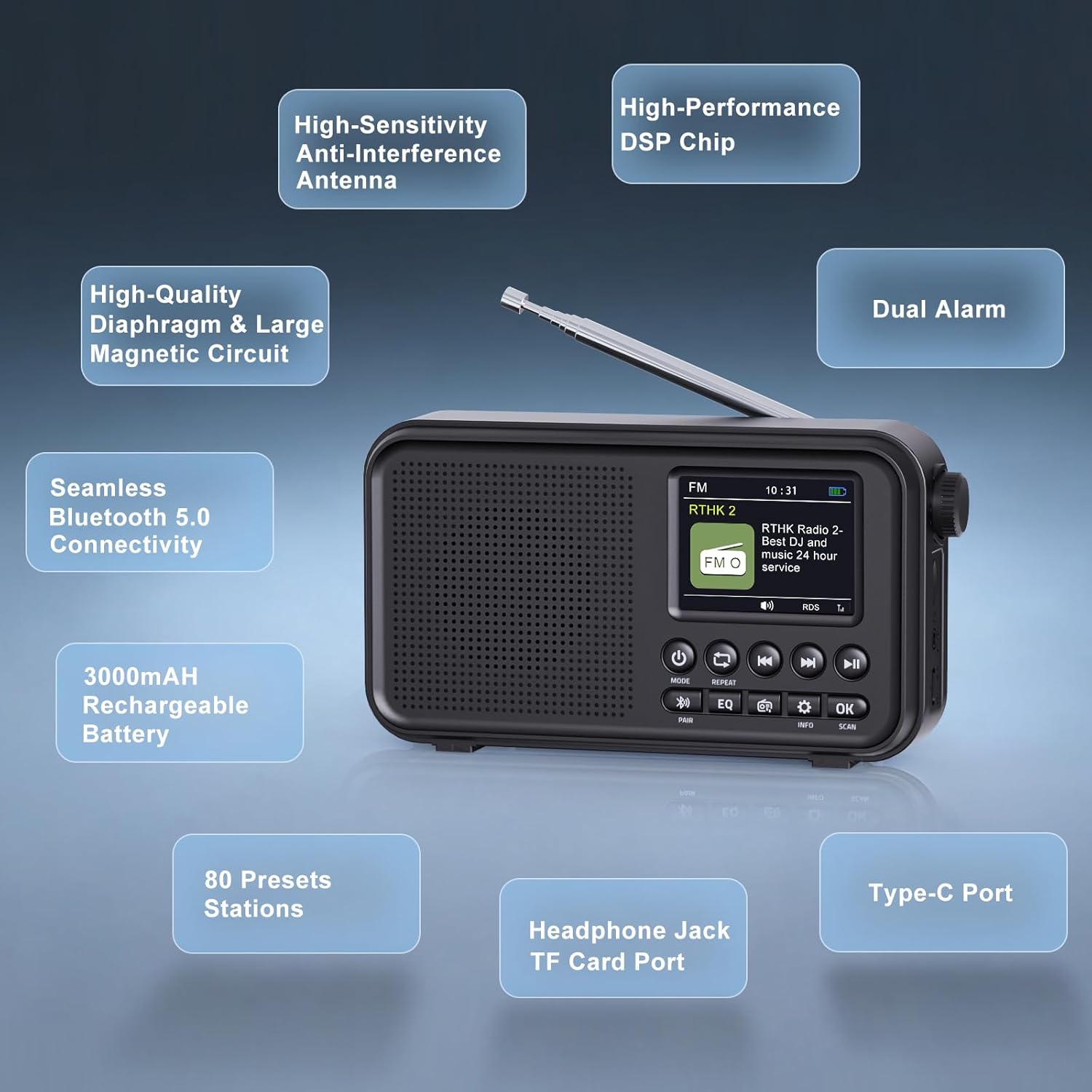 Tragbares DAB/DAB+-Radio, UKW-Digitalradio mit 3000-mAh-Akku, wiederaufladbares UKW-Radio mit Bluetooth 5.0, EQ-Modi, 80 Speicherplätze, 2,4-Zoll-Farbdisplay, Sleep-Timer, 3,5-mm-AUX-Anschluss – Bild 8