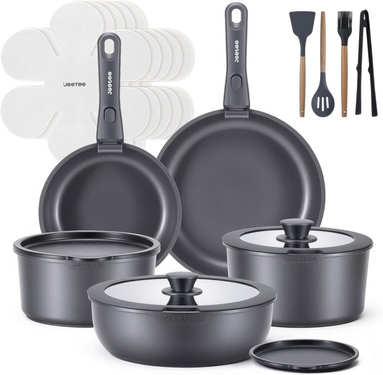 JEETEE Topf- und Pfannensets mit abnehmbarem Griff, 20-teilig, Titan-Antihaft-Pfannenset, Induktionstopf-Set, Kochtopf-Set mit Deckel, geeignet für alle Herdarten, Wohnmobil, Backofen und Spülmaschine