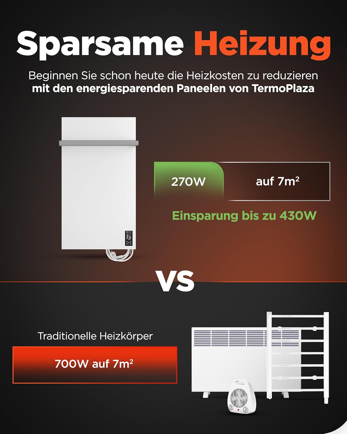 TermoPlaza WLAN Infrarotheizung 270 W bis 7 m², intelligente Infrarot-Wandheizung, elektrischer Badheizkörper mit Handtuchhalter und Thermostat, energiesparende Elektroheizung für Badezimmer – Bild 3