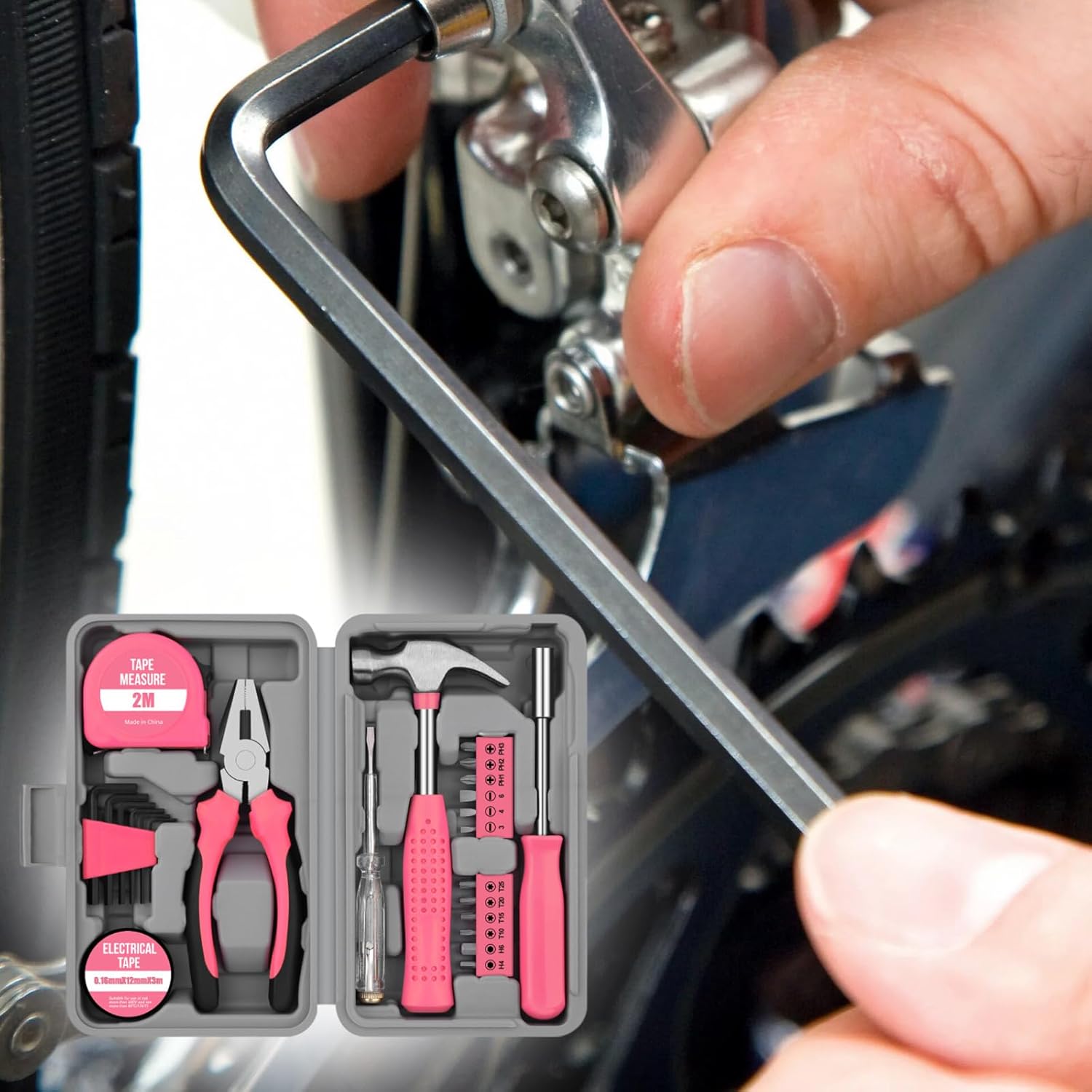 24-teiliges Haushaltswerkzeug-Set: hochwertiges Haushaltswerkzeug aus Kohlenstoffstahl, kompaktes Werkzeugset, Werkzeugset für kleine Räume, für Reparaturen zu Hause und im Heimwerkerbereich, rosa, 200 x 125 x 45 mm – Bild 4