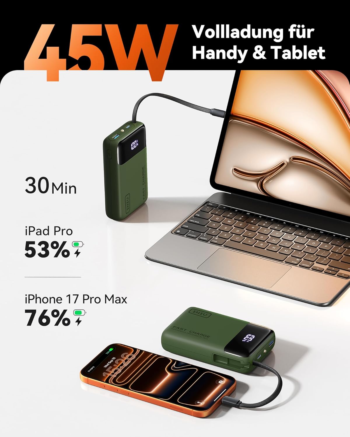 INIU 45W Powerbank, ultrakleine 20000mAh Powerbank mit integriertem USB-C-Kabel, Schnellladung externer Handy-Akkus für Camping, Wandern, Outdoor-Aktivitäten, Festival-Nutzung, Grün – Bild 2