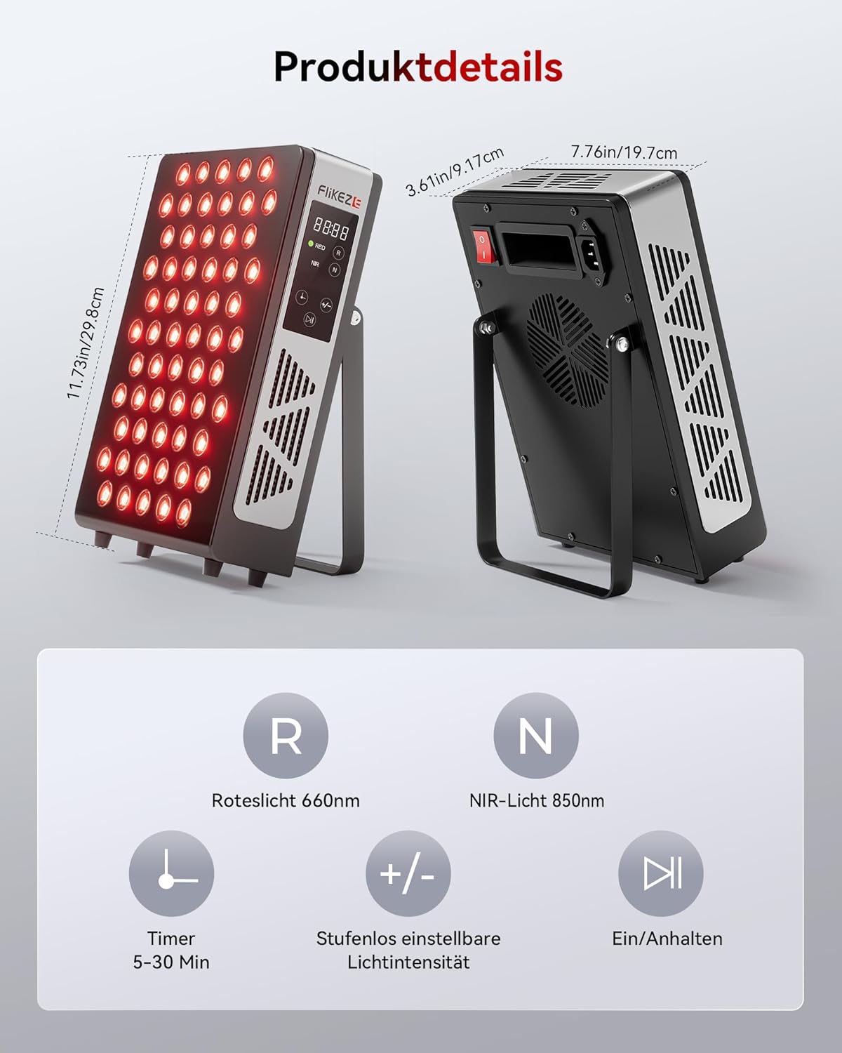 Rotlichttherapie-Panel-Lampe, 60 LEDs, rotes Licht zur gezielten Behandlung von tiefem und oberflächlichem Gewebe, Infrarotlampe, geeignet für Familie, Sport und als Geschenk (BASIC 60) – Bild 5