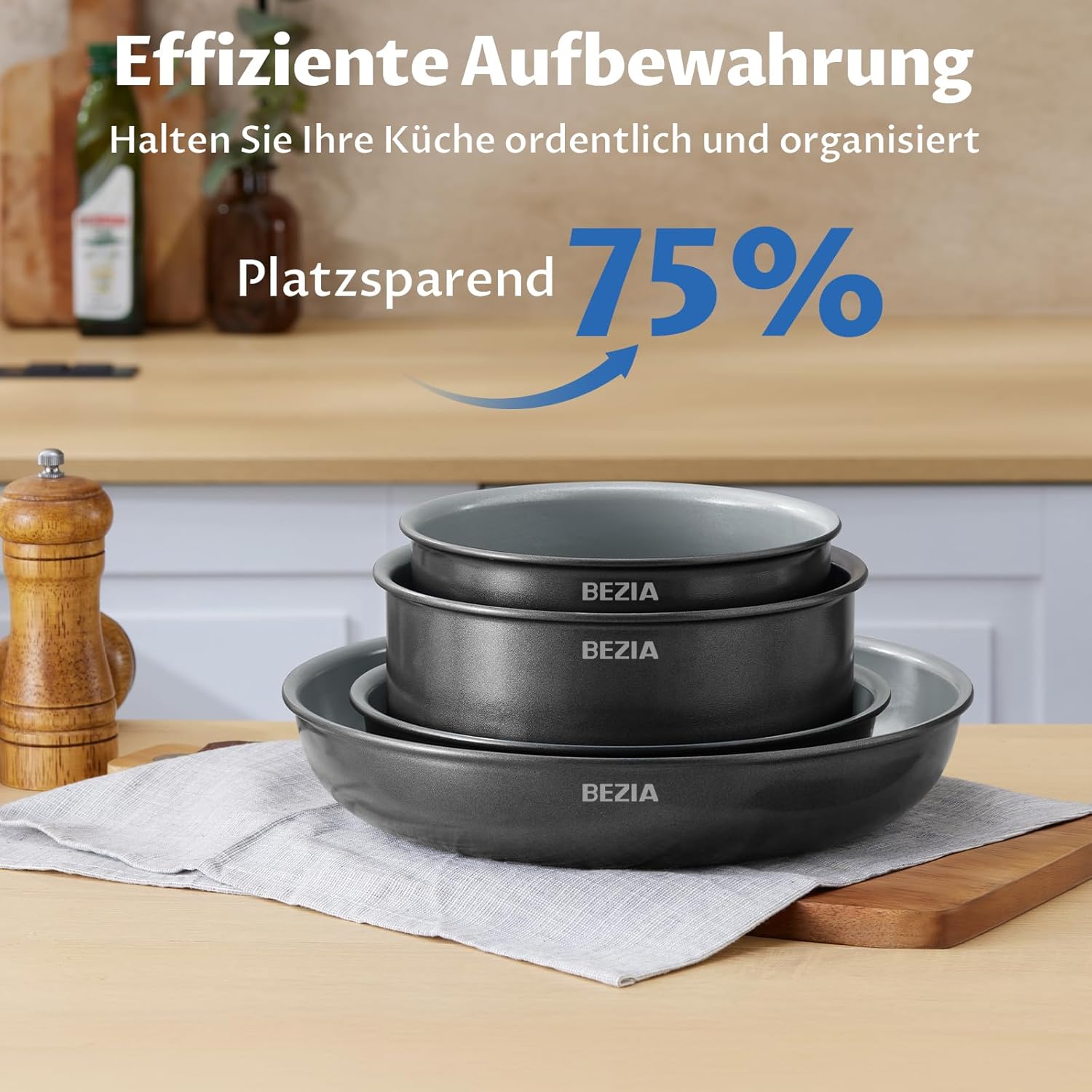 BEZIA Keramik-Topfset mit abnehmbarem Griff, 10-teiliges Topf- und Pfannenset für Camping und kleine Küche, stapelbares Pfannenset Induktion, PTFE/PFAS-frei, ofenfest bis 240 °C – Bild 2