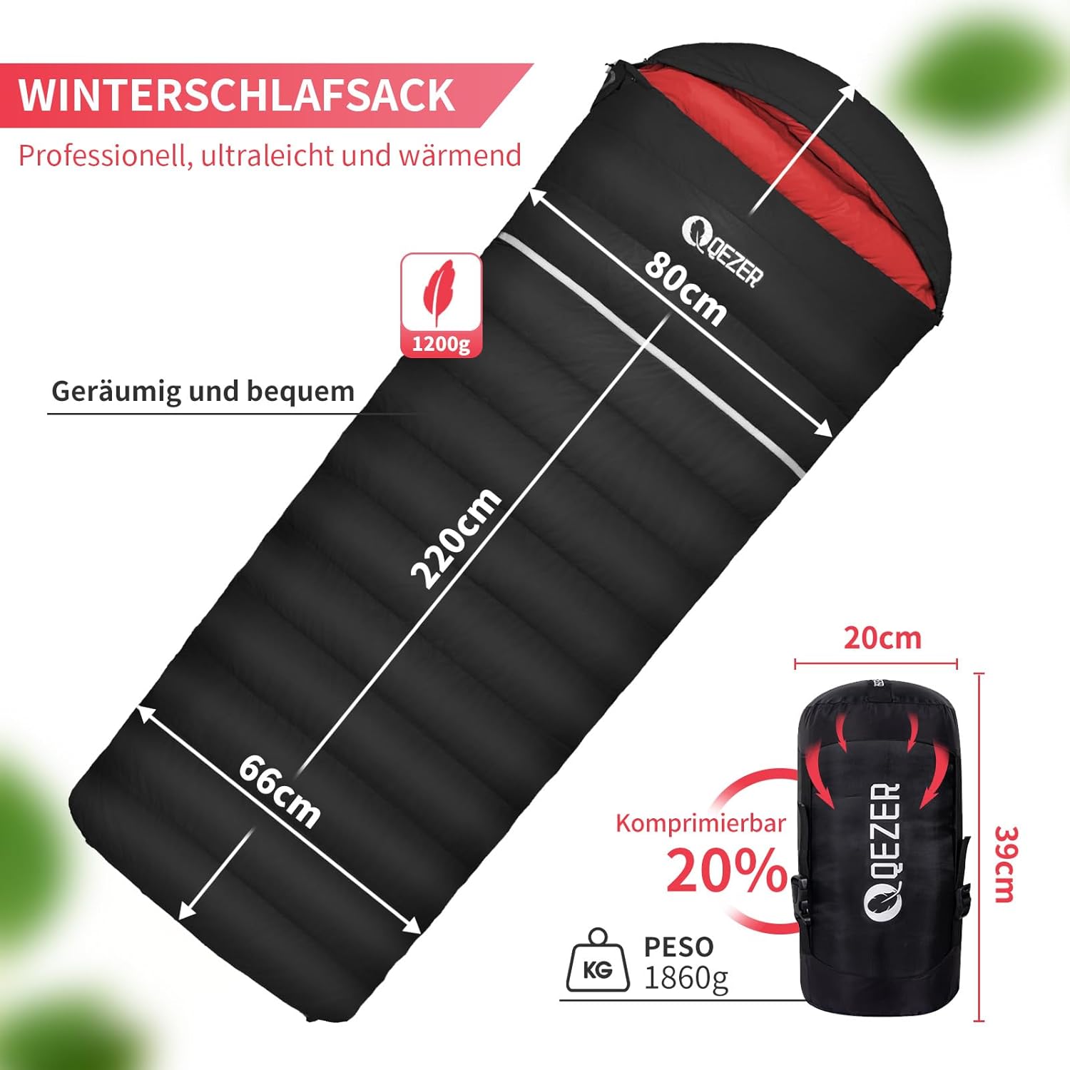 Daunenschlafsack, 4-Jahreszeiten-Schlafsack, Winterschlafsack -3°C bis -20°C Geeignet für Camping, Wandern und Outdoor-Camping für Erwachsene und Kinder – Bild 2