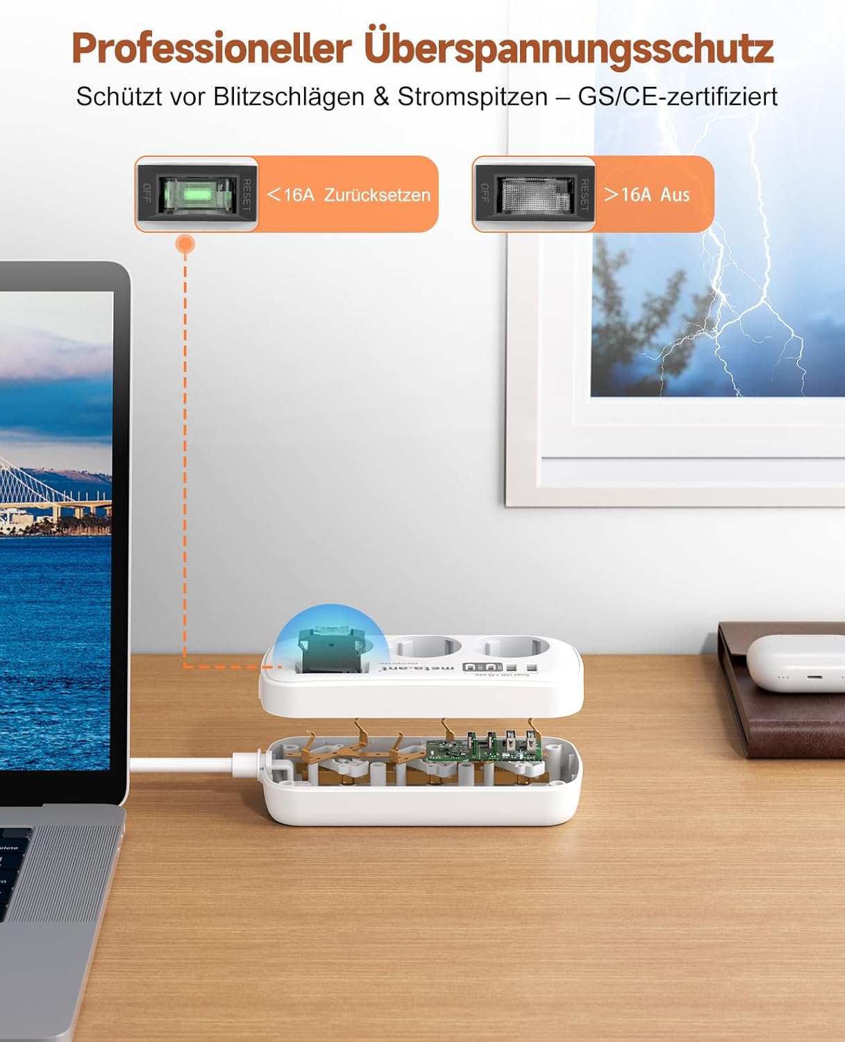 Steckdosenleiste mit USB 3,4 A 17 W, 3-fach Steckdosenleiste mit Überspannungsschutz 4000 W, Steckdose mit 4 USB (2 USB-C), 1,5 m, Wandsteckdosenleiste für Home Office, Weiß – Bild 4