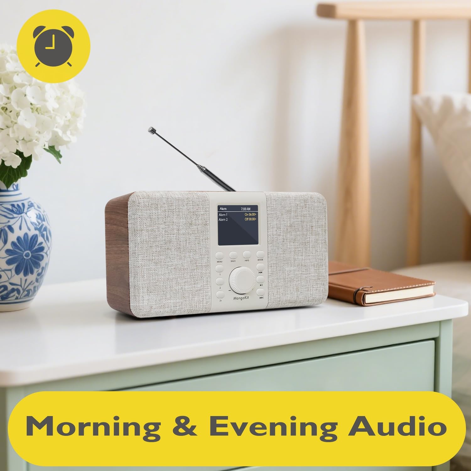 MD5 Stereo-DAB-Radio mit Bluetooth 5.3 und 2,4-Zoll-Farbdisplay, tragbares UKW-Digitalradio, 2.0-Stereo-Sound, 40 Speicherplätze, Alarme, Schlummer- und Schlaffunktion, USB-C-Netz- oder Batteriebetrieb (Walnuss) – Bild 6