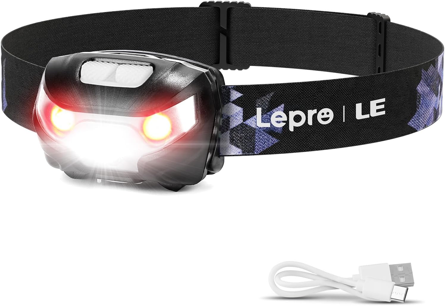 LE Stirnlampe, LED-Stirnlampe mit 5 Lichtmodi Scheinwerfer und Rotlicht, wiederaufladbare LED-Stirnlampen, IPX4 spritzwassergeschütztes Gehäuse, ideal für Camping-Joggen, USB-Kabel im Lieferumfang enthalten, 3200008