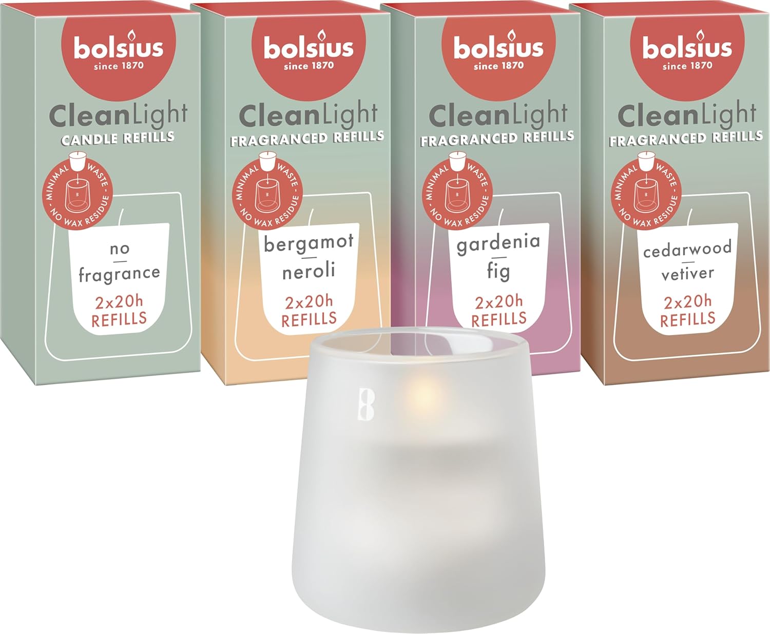 Bolsius - CleanLight Starterset - Nachfüllbare Duftkerze - Halter & 9 Nachfüller - Mehrere Düfte - Weiß - Brenndauer 20 Stunden - Enthält natürliches Pflanzenwachs - Nachhaltiges Konzept