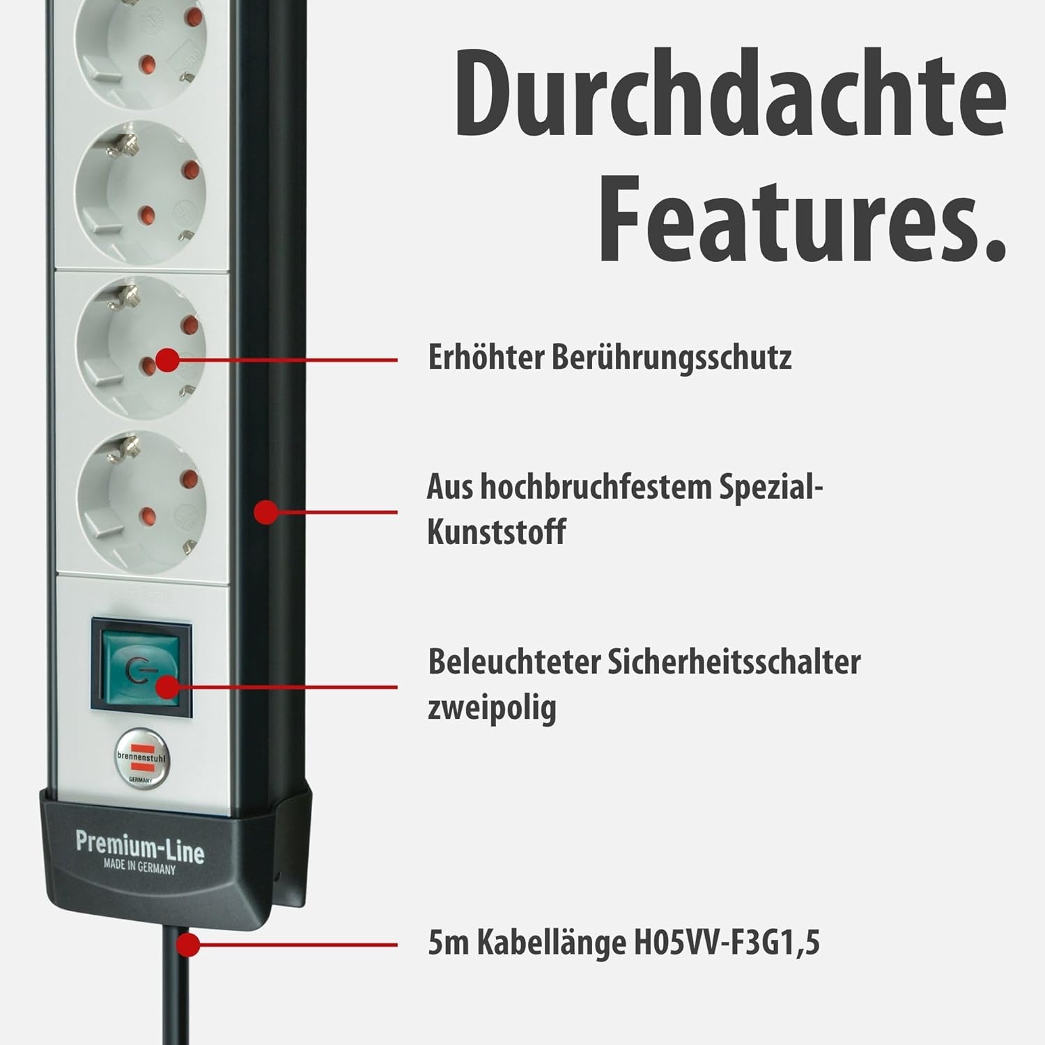 Brennenstuhl Premium-Line, 6-fach Steckdosenleiste (Steckdosenleiste mit Schalter und 5m Kabel - 45° Anordnung der Steckdosen) Farbe: hellgrau / schwarz – Bild 4