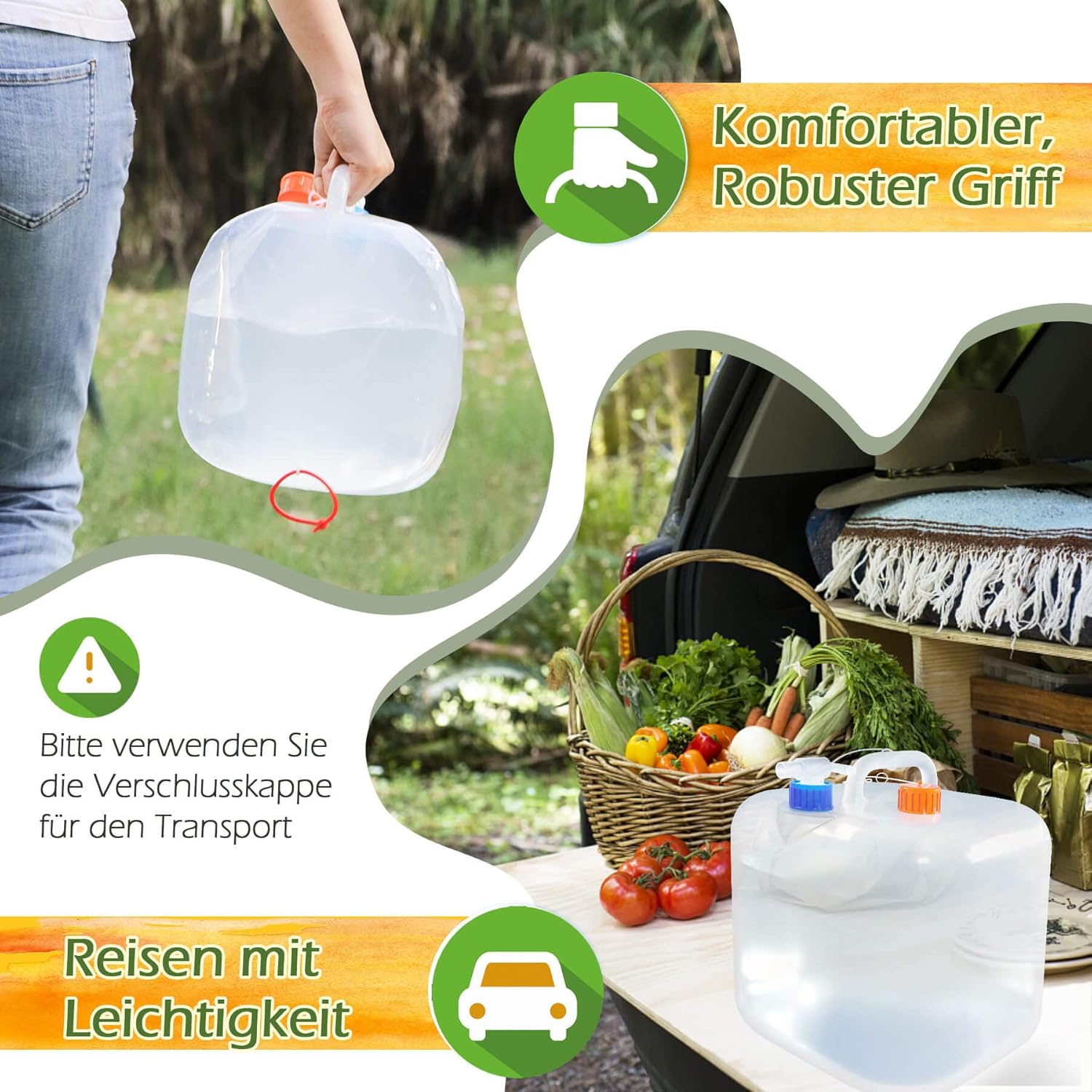 Reinalin faltbarer Wasserkanister, Wassertank mit Wasserhahn, Camping-Trinkwasserkanister, 100 % auslaufsicher, lebensmittelechtes Kanisterwasser – Bild 3