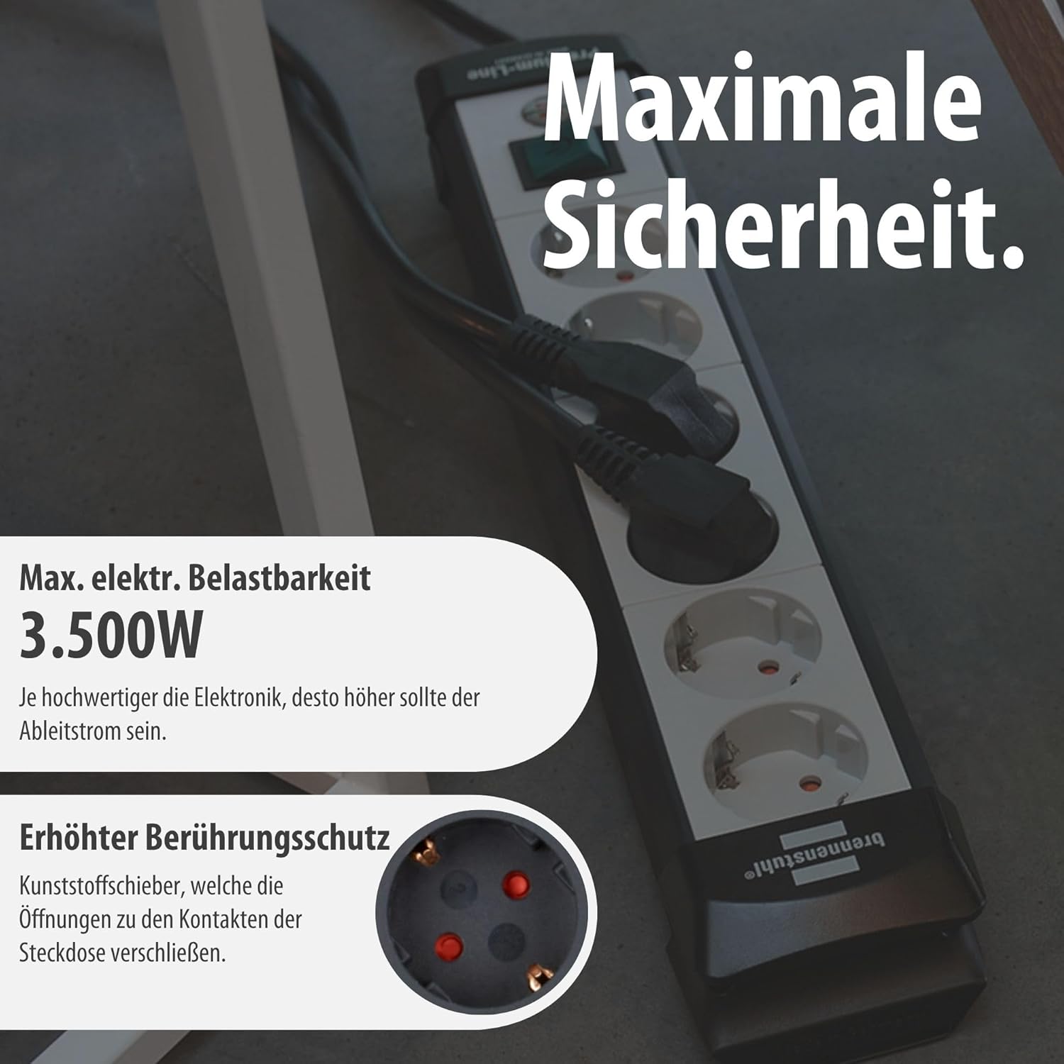 Brennenstuhl Premium-Line, 6-fach Steckdosenleiste (Steckdosenleiste mit Schalter und 5m Kabel - 45° Anordnung der Steckdosen) Farbe: hellgrau / schwarz – Bild 6