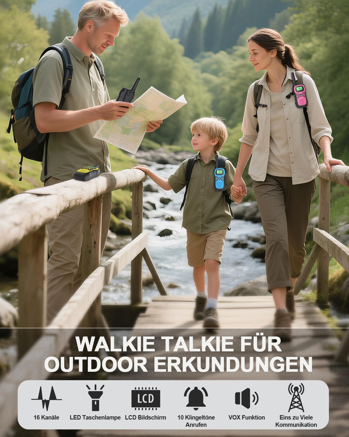 Walkie Talkie 3er-Set, wiederaufladbares Walkie-Talkie-Spielzeug für 3–12 Jahre Mädchen und Jungen, Woki Toki mit 16 Kanälen, 3 Meilen große Reichweite, klarerer Klang für Wandern, Camping, Abenteuer – Bild 2