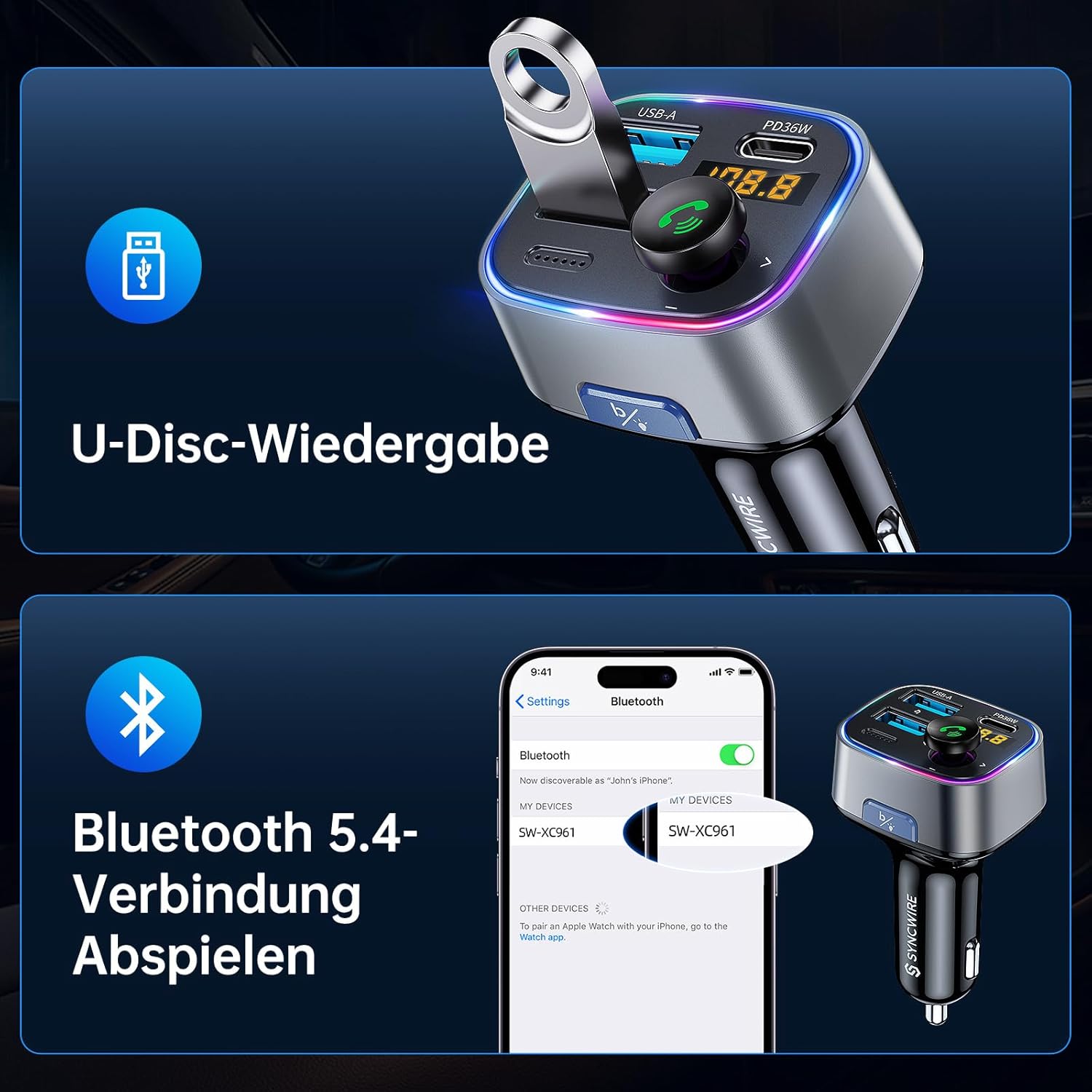 SYNCWIRE Bluetooth 5.3 FM-Transmitter-Autoladegerät 48 W (PD 36 W und 12 W), Ladegerät mit zwei USB-Anschlüssen, Autoadapter, kabelloses Radio-LED-Display, unterstützt 64-GB-USB-Laufwerk, Lichtschalter, Grau – Bild 6