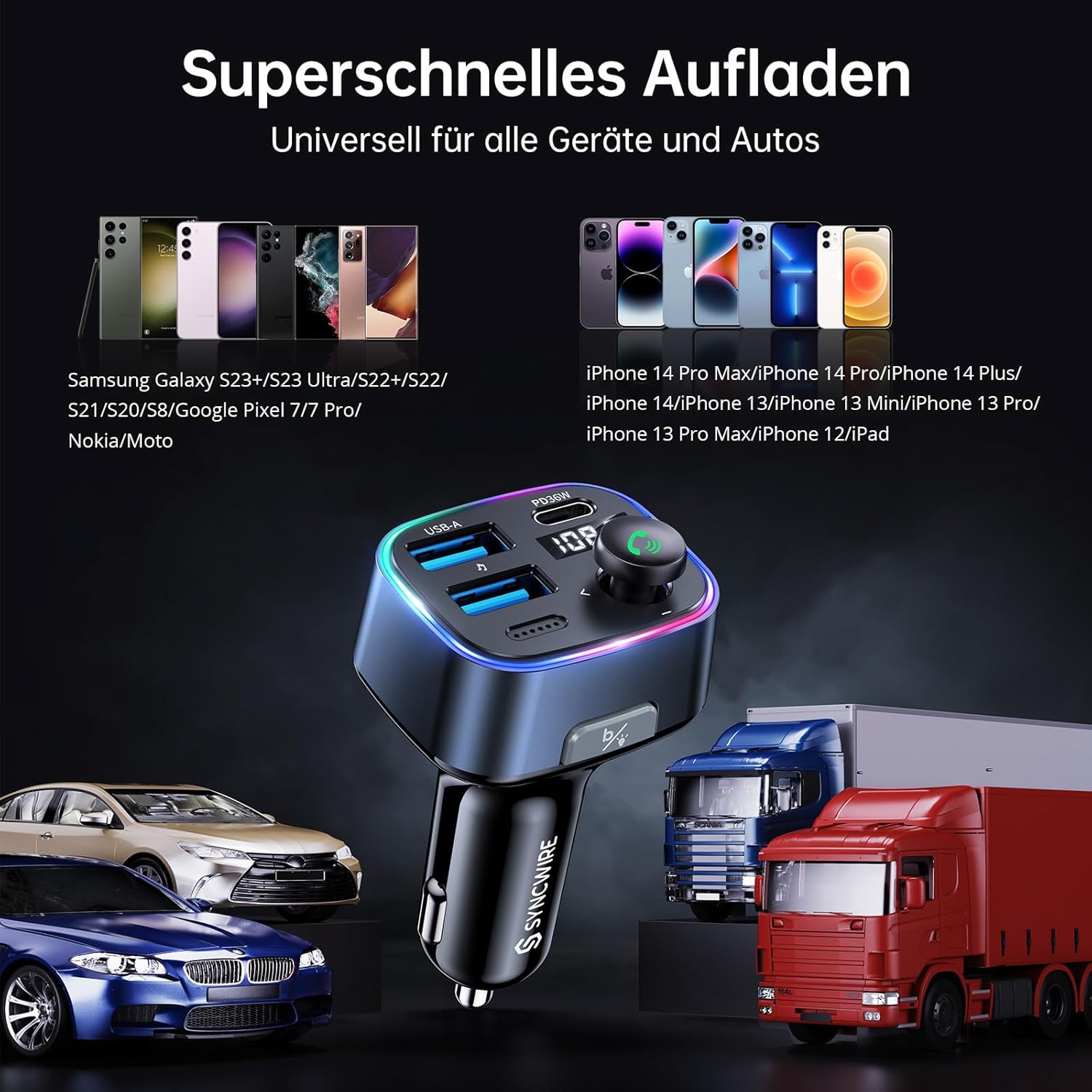 SYNCWIRE Bluetooth 5.3 FM-Transmitter-Autoladegerät 48 W (PD 36 W und 12 W), Dual-USB-Port-Ladegerät, Autoadapter, kabelloses Radio-LED-Display, unterstützt 64-GB-USB-Laufwerk, Lichtschalter, blau – Bild 8