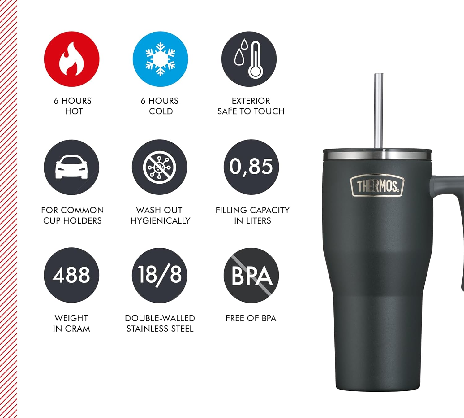 Thermos REFRESHING SERIES Isolierter Trinkbecher 0,85 l mattschwarzer Becher mit Strohhalm und Griff für Reisen, Arbeit oder Zuhause, geschmacksneutraler doppelwandiger Edelstahl – Bild 5