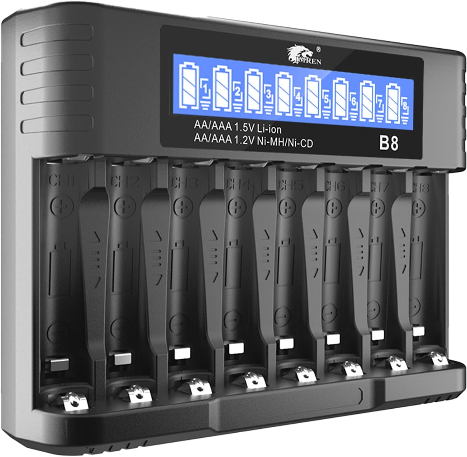 IMREN Batterieladegerät AA AAA, 8 Steckplätze 1,2 V NiMH/NiCD 1,5 V Lithium AA/AAA-Batterien Ladegerät, 5 V 2 A Typ-C Schnelles intelligentes Batterieladegerät mit LCD-Display – Bild 8