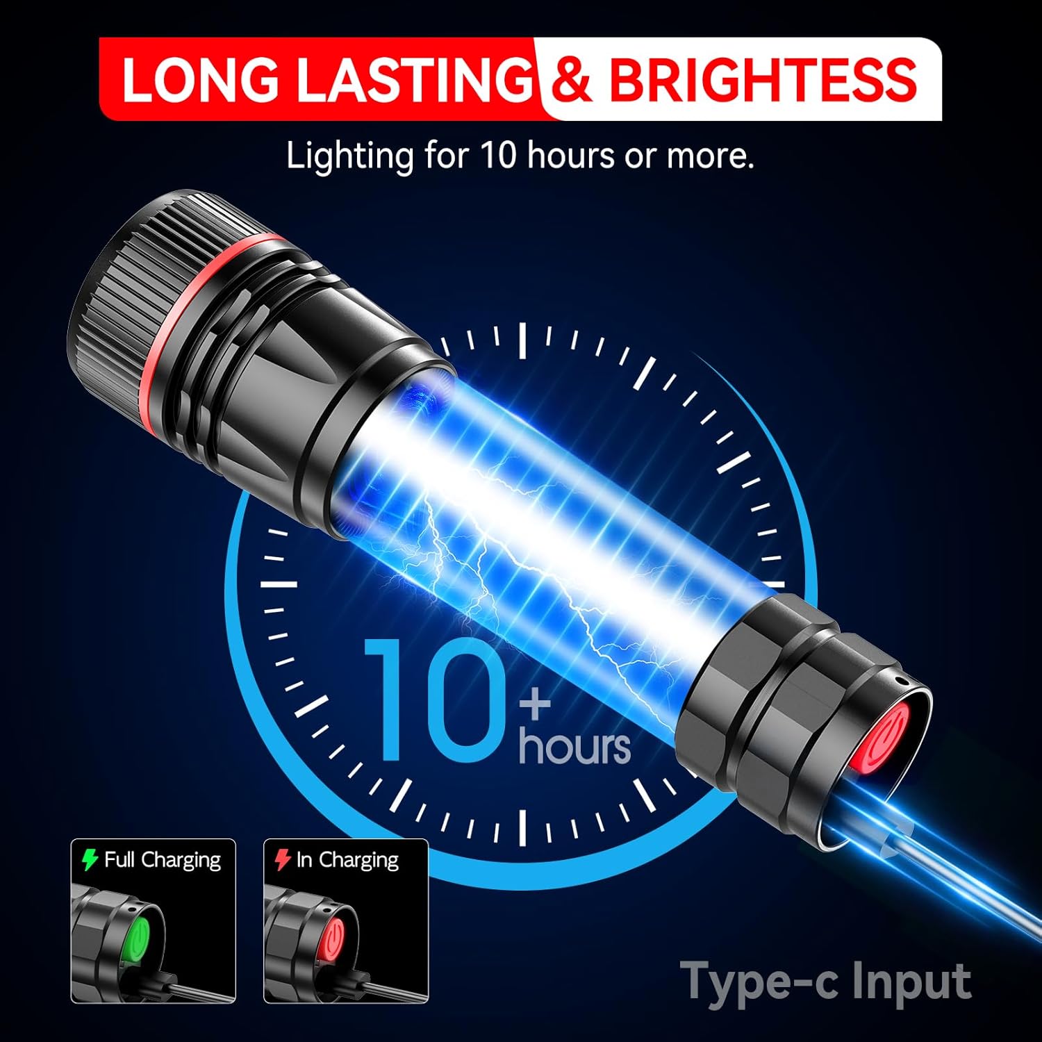 BUCASA Taschenlampe LED wiederaufladbar, 2000 Lumen, extrem helle LED-Taschenlampe mit 3 Modi, 2 Stück, zoombare Taschenlampen, Kinder, wasserdicht, lange Laufzeit, Taschenlampe für Camping, Outdoor, Wandern, Notfall – Bild 6
