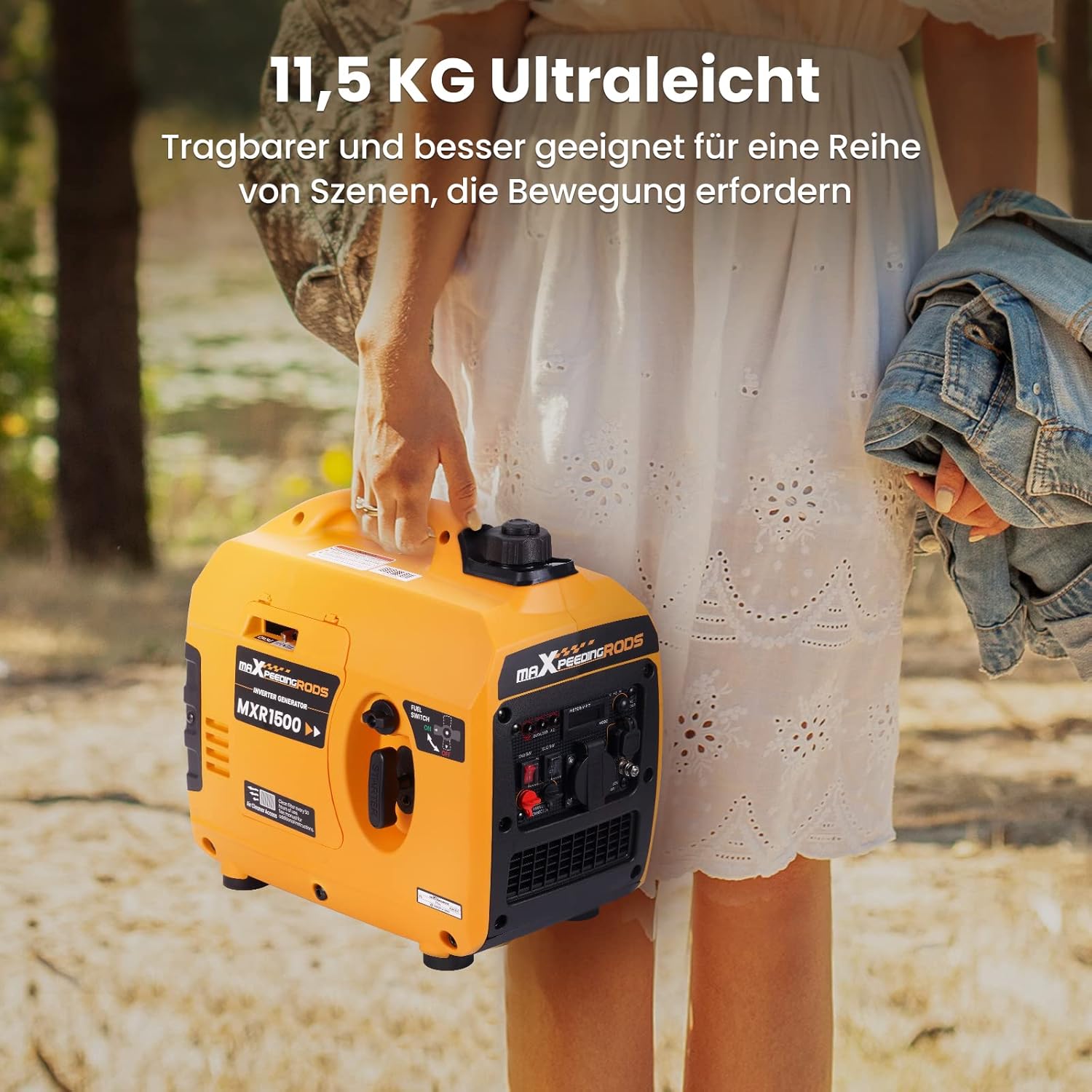 maXpeedingrods 1200 W Stromgenerator, tragbarer Inverter-Stromerzeuger, super leise, leicht, 11,5 kg, benzinbetrieben, 4-Takt, mit AC/USB-Buchse für Outdoor, Camping, Wohnwagen, Notstromaggregat, Garage – Bild 3