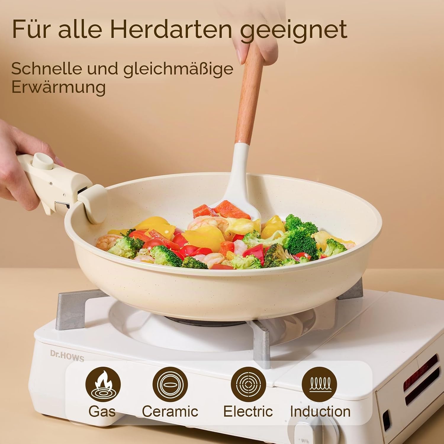 JEETEE Pfannenset 6-teilig mit abnehmbaren Griffen und Deckel, Antihaft-Kochgeschirrset, Pfanne 20/24/28 cm, stapelbares Topfset für alle Herdarten, ofenfest, Beige – Bild 5